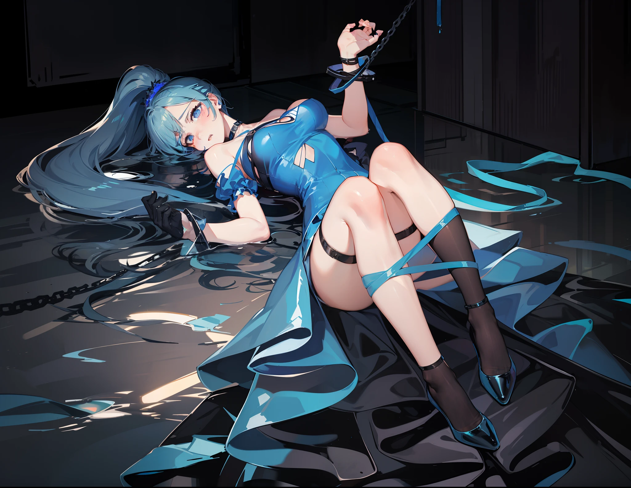 A beauty in stockings,a matural female,Blue translucent miniskirt,cabelos preto e longos,fearful expression,Tears in the eyes,very photoreal