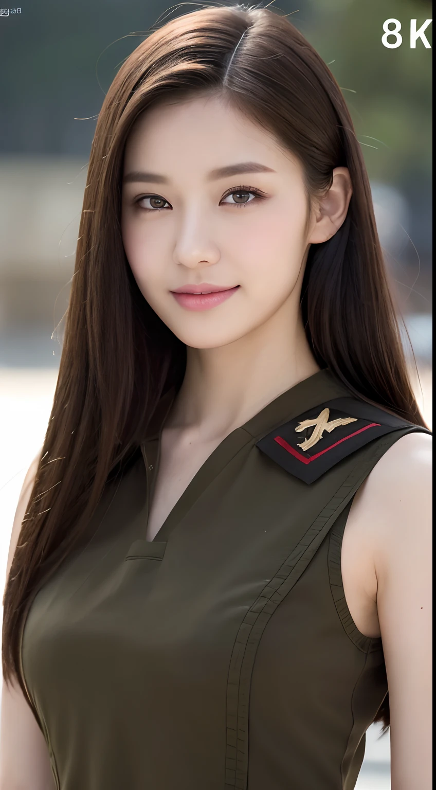 ((Best Quality, 8K, Masterpiece: 1.3)), 1 girl, smile, full body, slim face, pretty woman, (dark brown hair), military uniform: 1.1, super detailed face, detailed eyes, double eyelids, tank, blurred background, slim face, battlefield background, particles, full body,