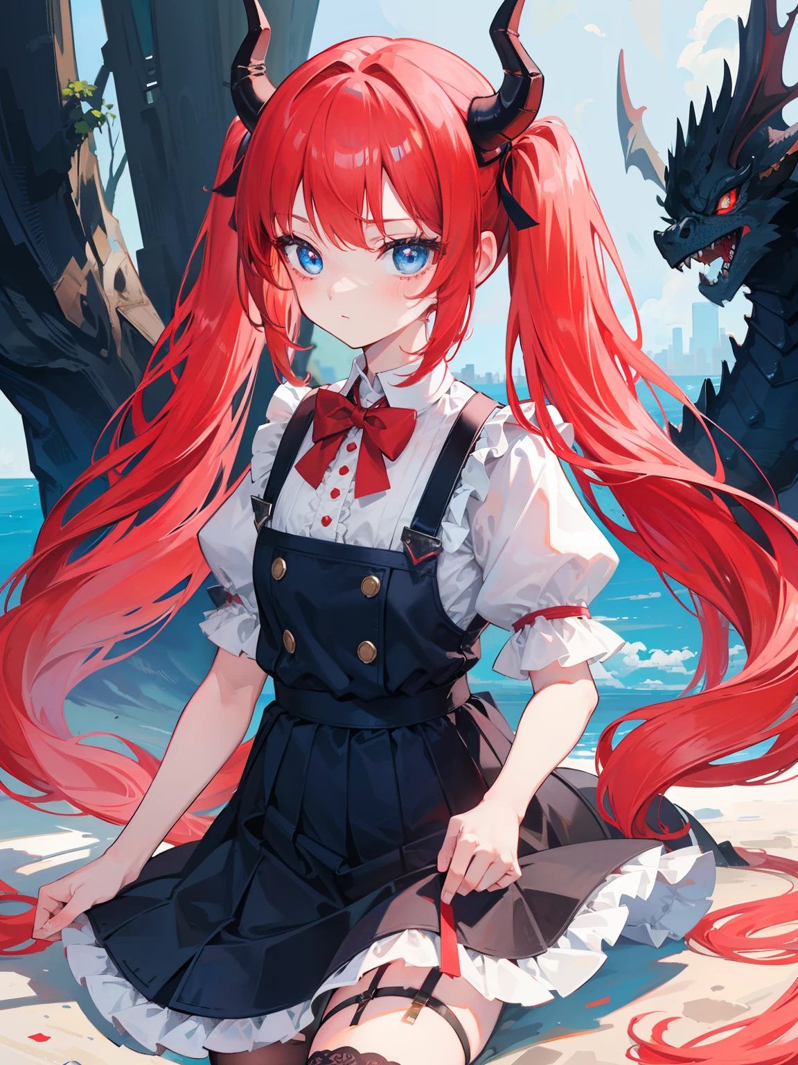 {{best quality}}, {{masterpiece}}, {{ultra-detailed}}, {illustration}, {detailed light}, red hair,blue eyes,twintails,lolita,Suspenders skirt,Fantastic,loli,solo,Dragon horns,little girl,long hair
