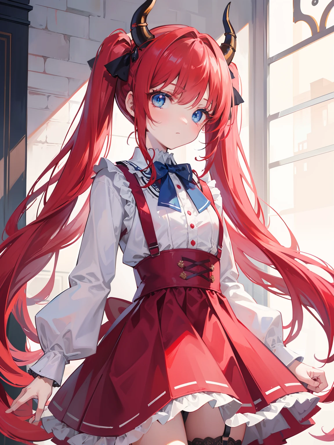 {{best quality}}, {{masterpiece}}, {{ultra-detailed}}, {illustration}, {detailed light}, red hair,blue eyes,twintails,ta,Suspenders skirt,Fantastic,lolio,Dragon horns,little gir