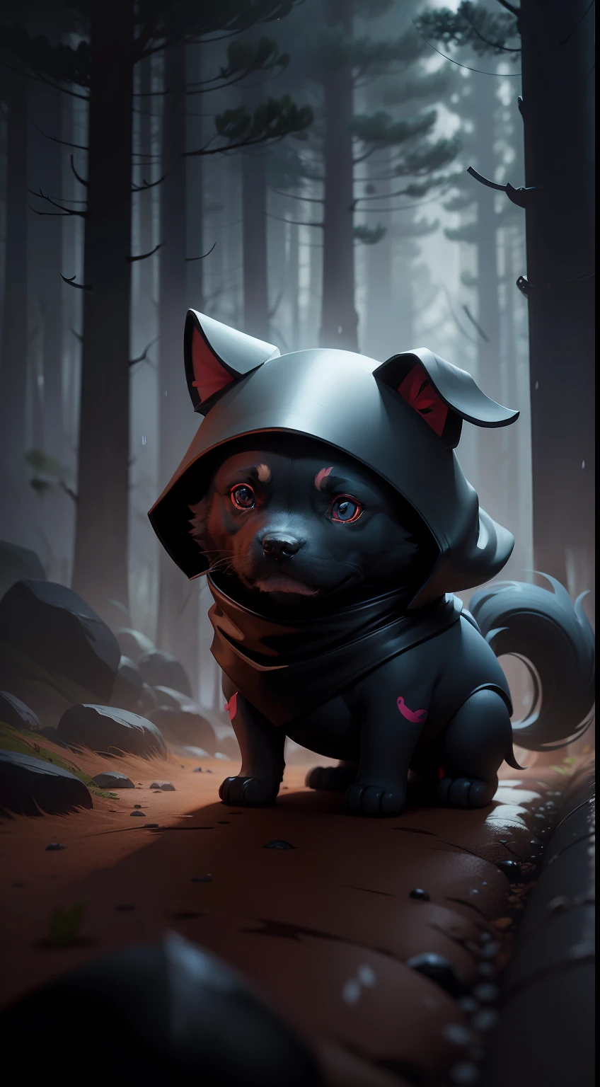 Create a vibrant dark fantasy cute ninja dog in a clean-lined minimalistic cartoon style, in the background a beautiful forest, rain, octane render, 8k