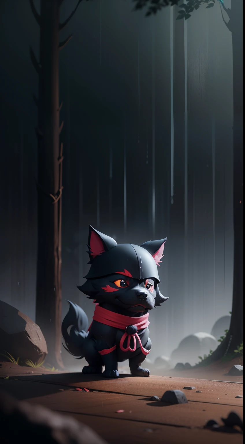Create a vibrant dark fantasy cute ninja dog in a clean-lined minimalistic cartoon style, in the background a beautiful forest, rain, octane render, 8k