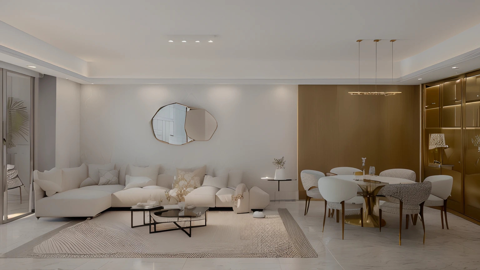 there is a living room with a couch, chairs, table and a mirror, elegant render, very realistic 3 d render, high quality 3 d render, high quality 3d render, stuning 3 d render, with photorealistic lighting, photorealistic rendering, professional 3d render, precise architectural rendering, realistic physical rendering, professional render, realistic render, natural realistic render