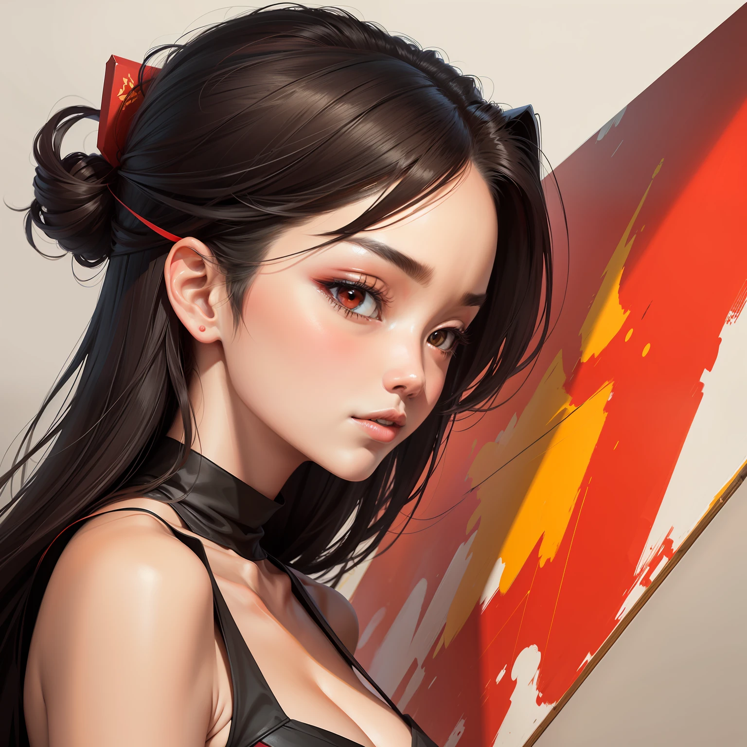 Draw a modern painting,There is only one triangle,Place in the middle of the picture,Abstract style,Chinese style,The whole painting,Use red only,amarelo,There are no other colors,Proportional coordination。OilPaintStyle。succinct,modern day。