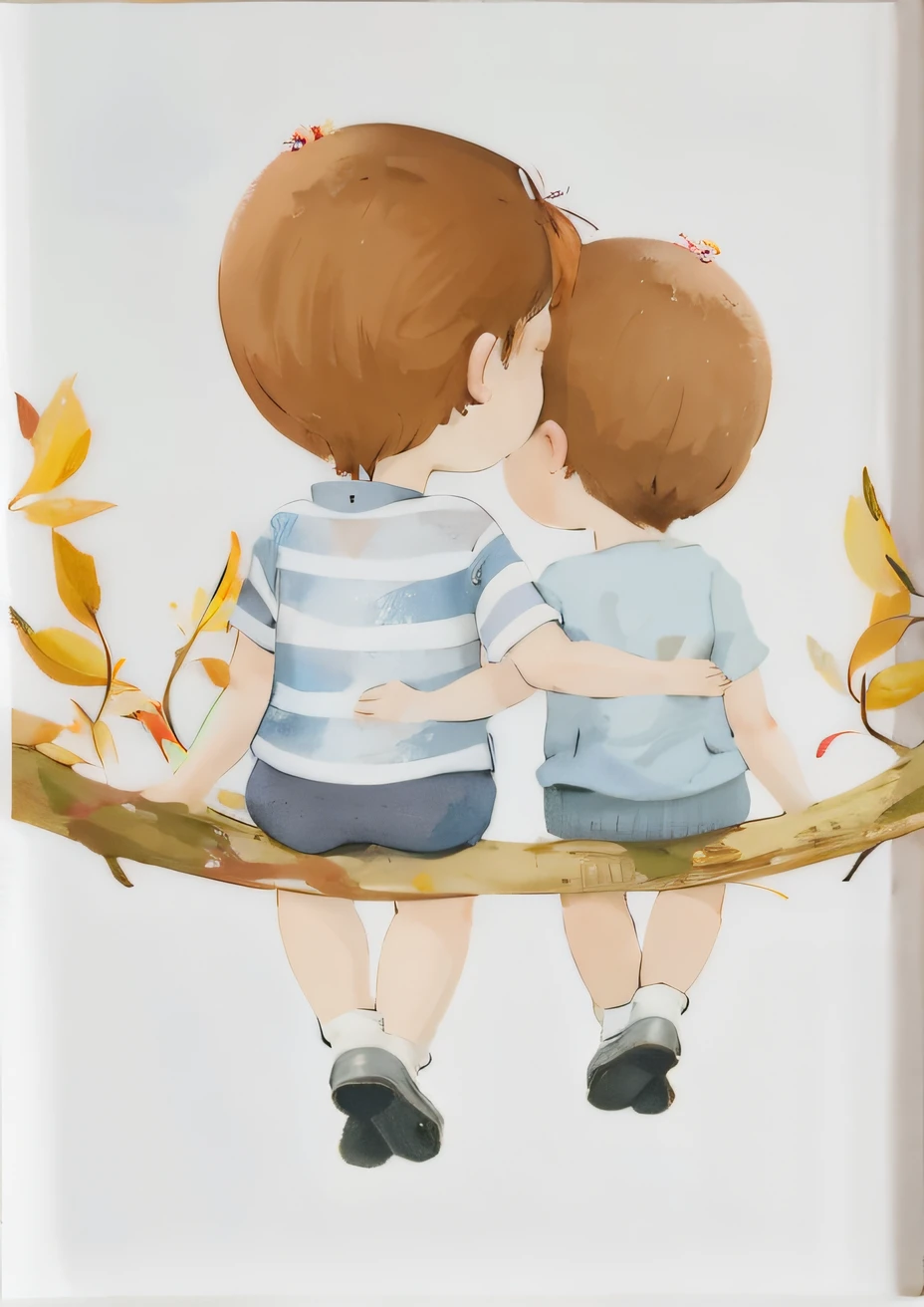 There are two children sitting on a branch with leaves, pintura bonita de amigos, aplicar arte aquarela