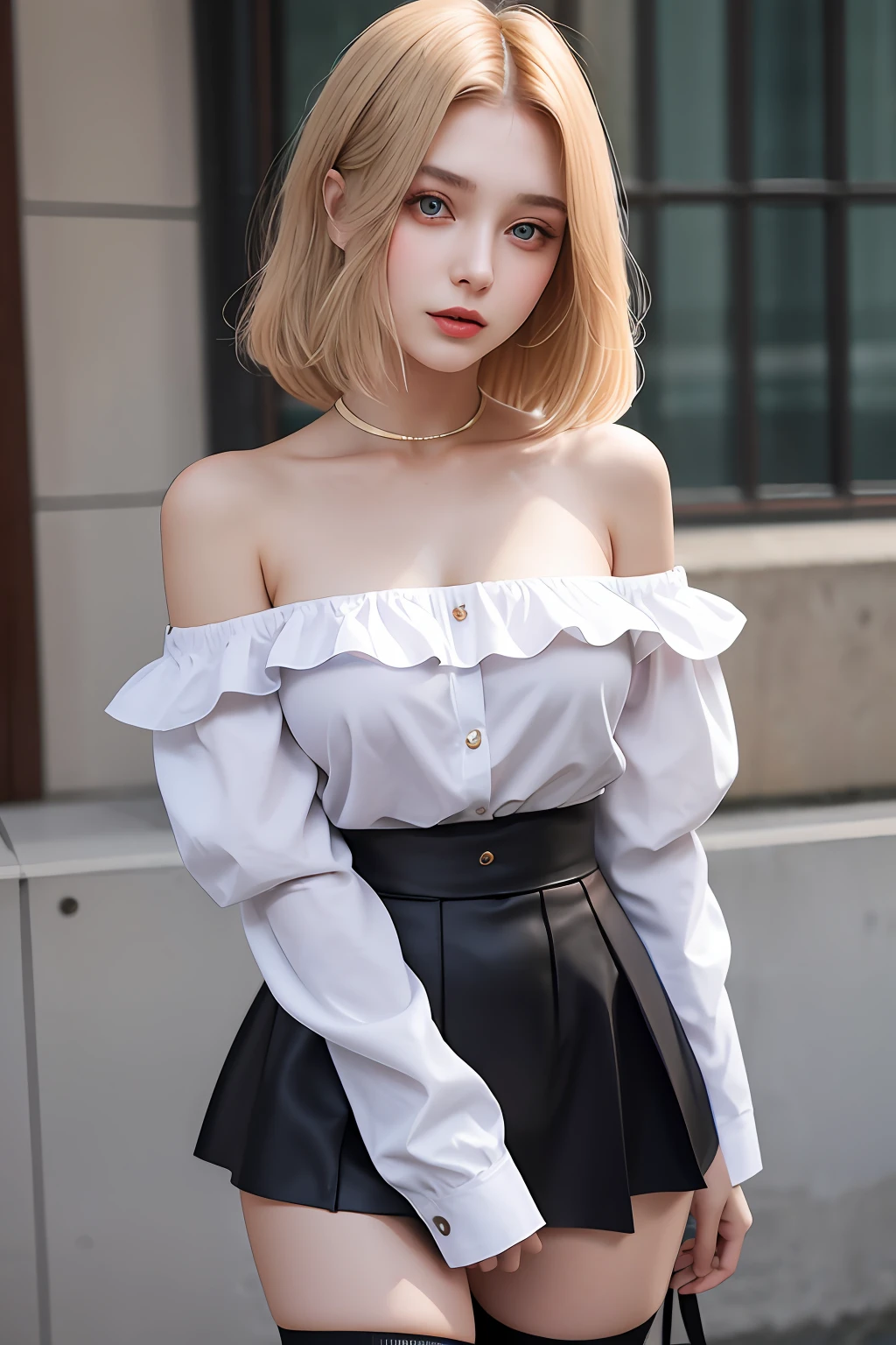 a beautiful 20yo Russian woman, off-shoulder shirt, high waist short skirt , thighhighs