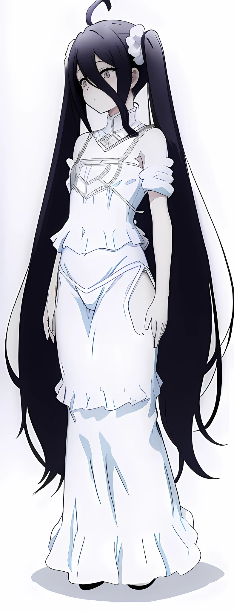 um desenho de uma mulher em um vestido com cabelo longo, twintails branco_Luvas, anime full body illustration, sombreamento fresco, lineart preto espesso, linearidade espessa, sombreamento pesado, corpo perfeitamente sombreado, single character full body, Menina anime com cabelo longo, sombreamento simples, full length illustration, detailed manga style, small curvy loli, detalhes do corpo inteiro