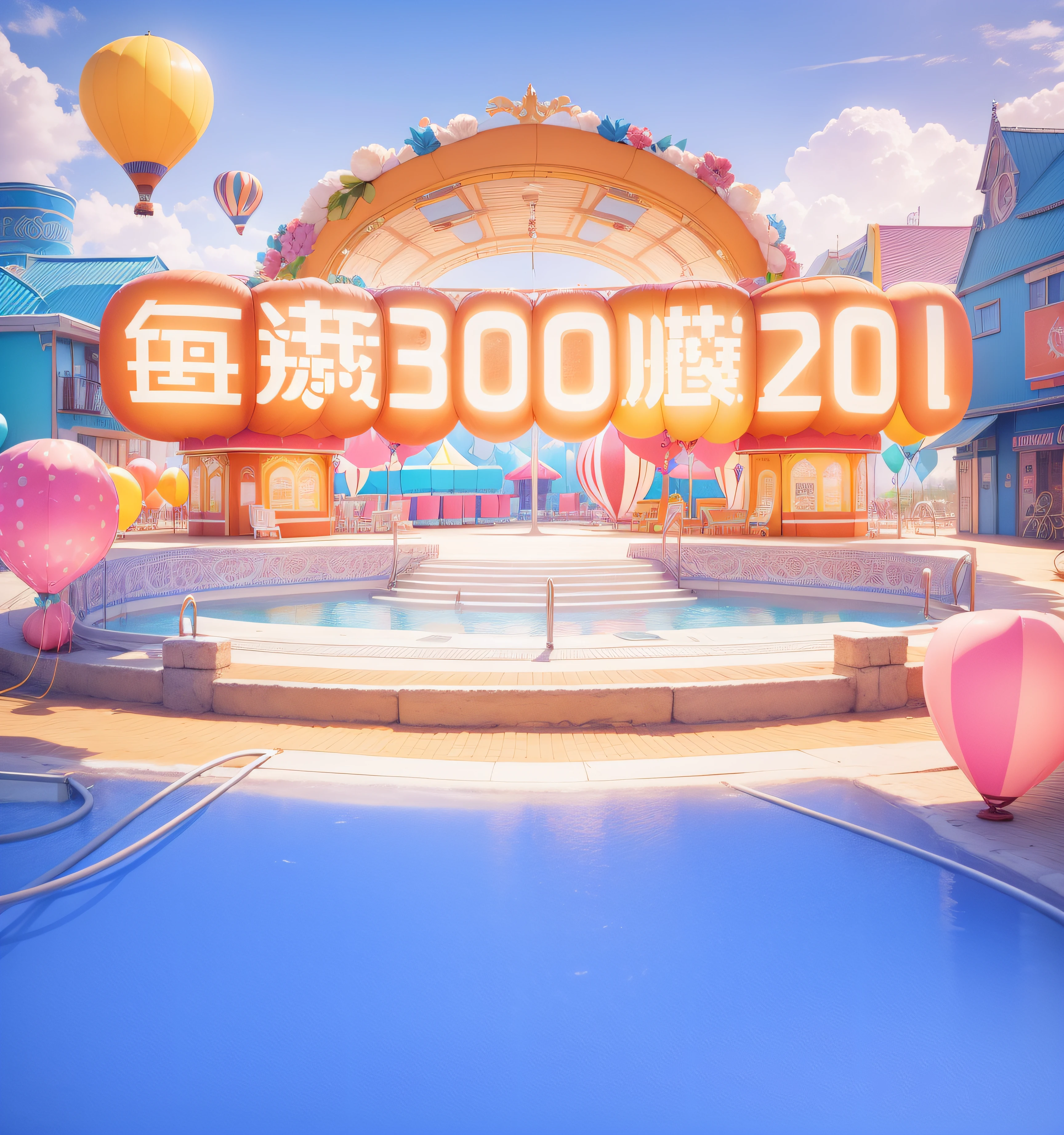 Paradise world/Carnival City,3Drenderingof,Dopamine Mood Paradise,Summer carnival style,Lovely and sophisticated building,shop,hot air balloon,balloons,Premium texture,high-class details,Studio lights
