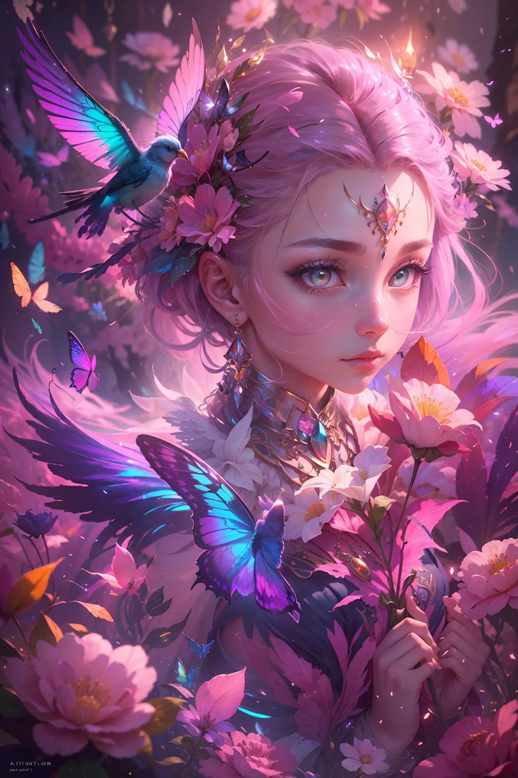 (((masterpiece))), (((best quality))), ((ultra-detailed)),(highly detailed CG illustration), ((an extremely delicate and beautiful)),cinematic light, Create a stunning fantasy artwork that mimics the style of currently trending masters of the genre. The art piece should contain elements of both mythic fantasy and fairytale fantasy with colorful accents. ((Utilize various shades of pink and watercolor pastels as the main color scheme.)) The character in the artwork is a delicate but strong petite figure with an aura of mystery and magic. Pay close attention to intricate facial features, such as mesmerizing eyes with vibrant colors and bold shading. The character's clothing should be designed with gossamer feathers, silk, stunning embroidery, and subtle iridescent details. Incorporate dreamy colors, dynamic lighting, and detailed background elements to create a sense of awe and immersion. Include colorful flying magical birds and jewel-toned butterflies radiating a magical aura. Consider the latest trends in fantasy art, such as incorporating unique lighting effects, exploring dynamic and compelling composition techniques, and experimenting with unique color palettes. Take inspiration from the top artists on ArtStation and Midjourney. Camera: Choose an angle that highlights the character's beauty and enhances the magical majesty of the artwork. Lighting: Utilize atmospheric lighting techniques to create depth and mood. Resolution: Aim for a high-resolution artwork to showcase intricate details and clarity. Art Inspirations: Seek inspiration from the trending artists on ArtStation, exploring different styles, genres, and themes.