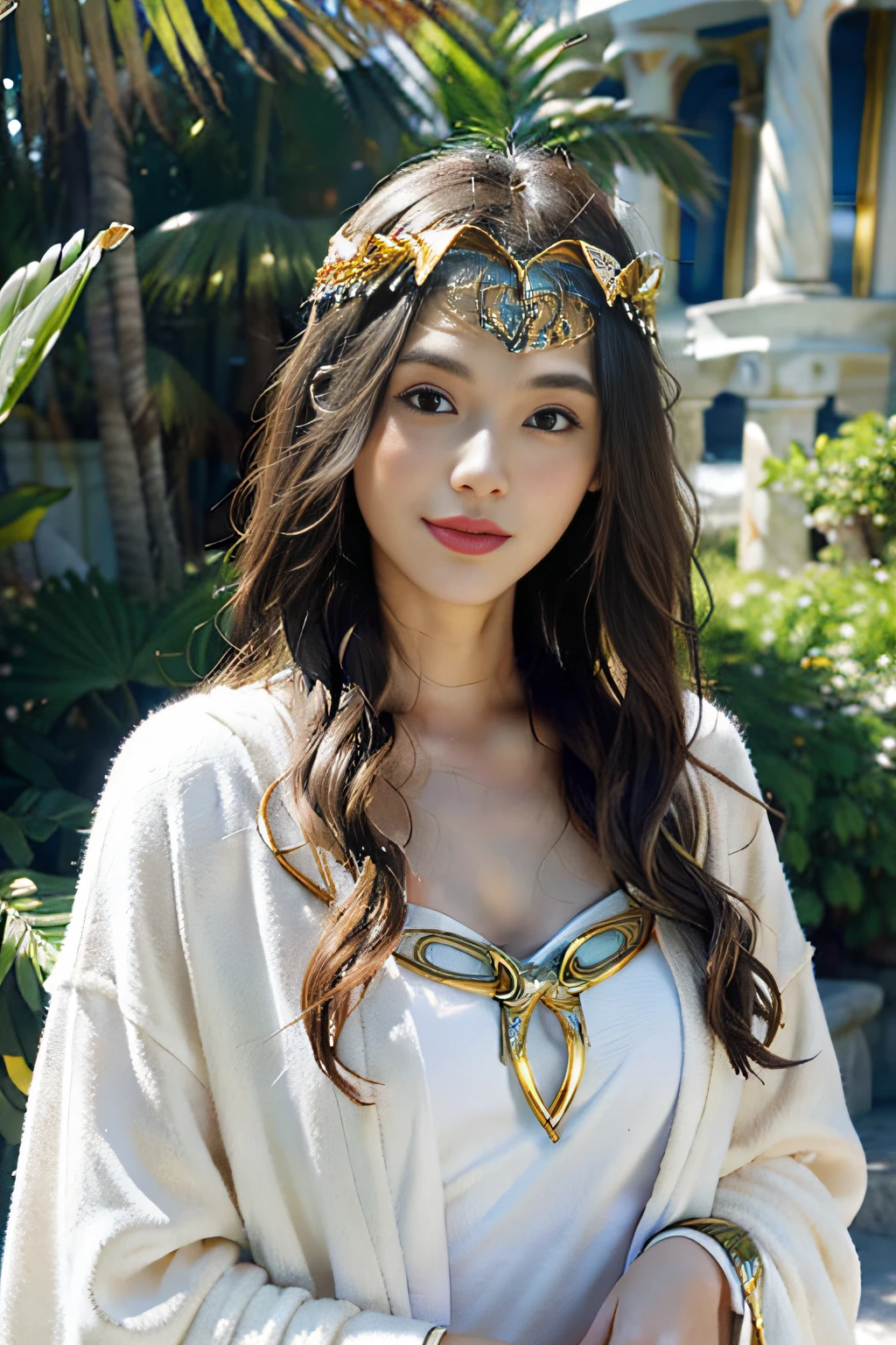 ((Charming Atlantean maiden:1.3)、(Atlantis World)、White loose robe、Gold leaf headband、brunette color hair、extreme hight detail),ssmile,perfectly proportions。