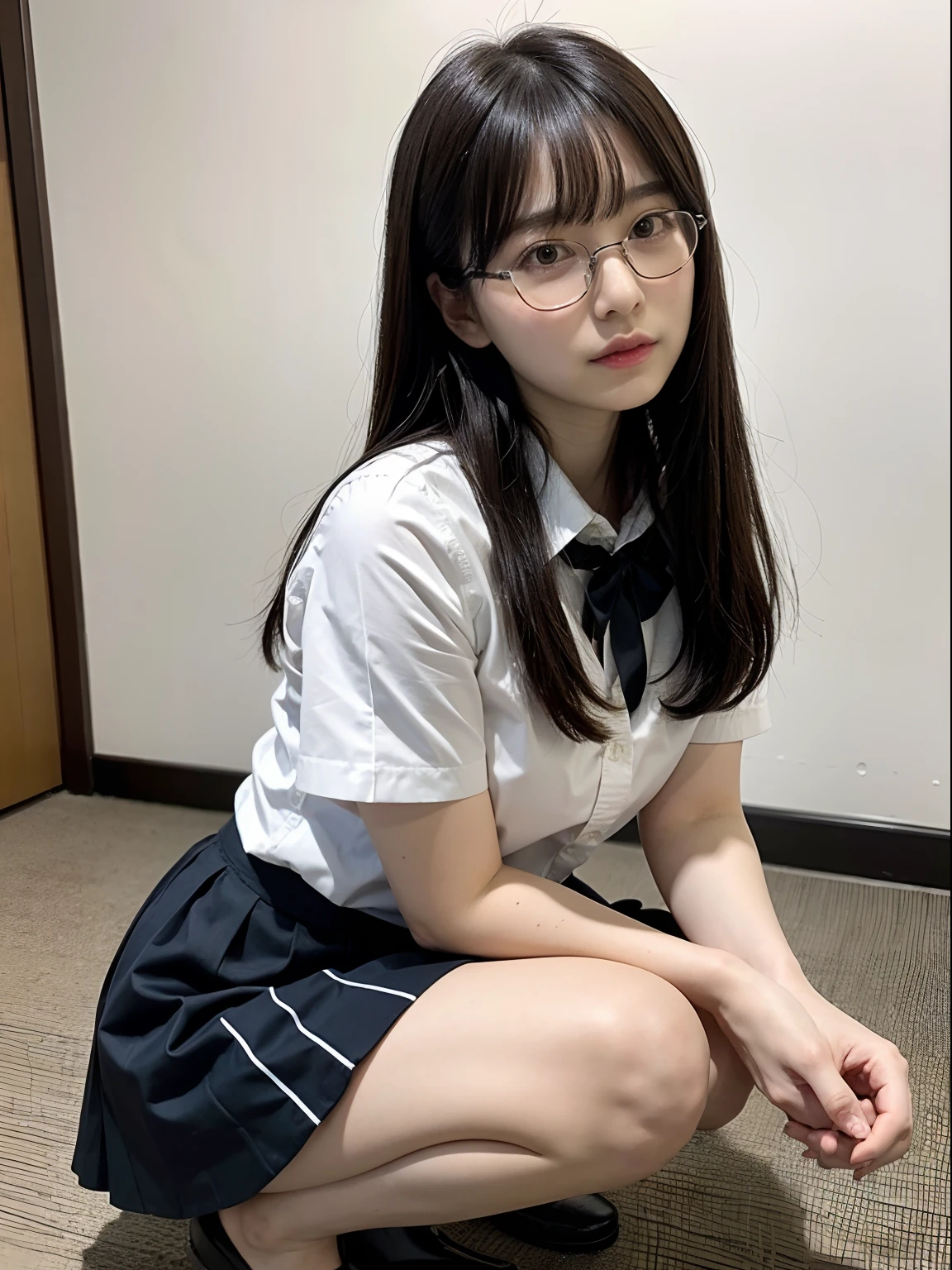 (8K, Raw photography, top-quality, masterpiece:1.2), One Woman、Japan at the age of 18,(Realistic Skins 1.4) 、(((hi-school girl、Wearing a school uniform、wears glasses、)))((Smaller chest、small tits、))、(Black stockings、high-heels、)、50mm Lens、30mm film、(Long Bob、bobhair、)(A dark-haired、The forehead is hidden by bangs、)、Black eyes、shinny skin、Skin shiny with sweat、Beautiful delicate face、Beautiful delicate eyes、bbw、Voluptuous body shape、Thicker thighs、One piercing in each ear、simple background、Gray background、