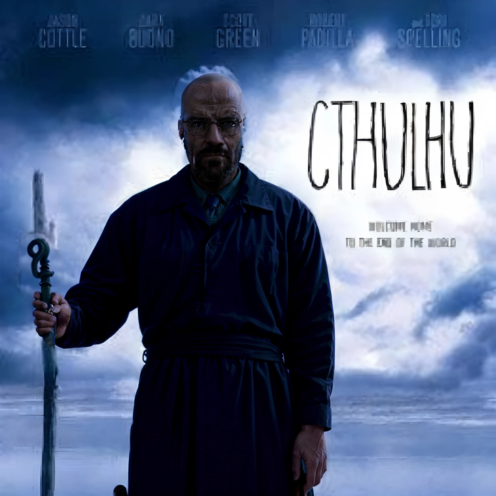 Image of Arafad holding a staff in front of a cloudy sky, Chuturu, photo of cthulhu, cthulu, Cthulhu, as chefs inside cthulhu, Cthulhu's call, cthulhu squid, cthulhu samurai, Cthulhu Mythos, a tim burton film, h.p. Lovecraft as Cthulhu, film promotional image, ( ( theatrical ) ), giant cthulhu