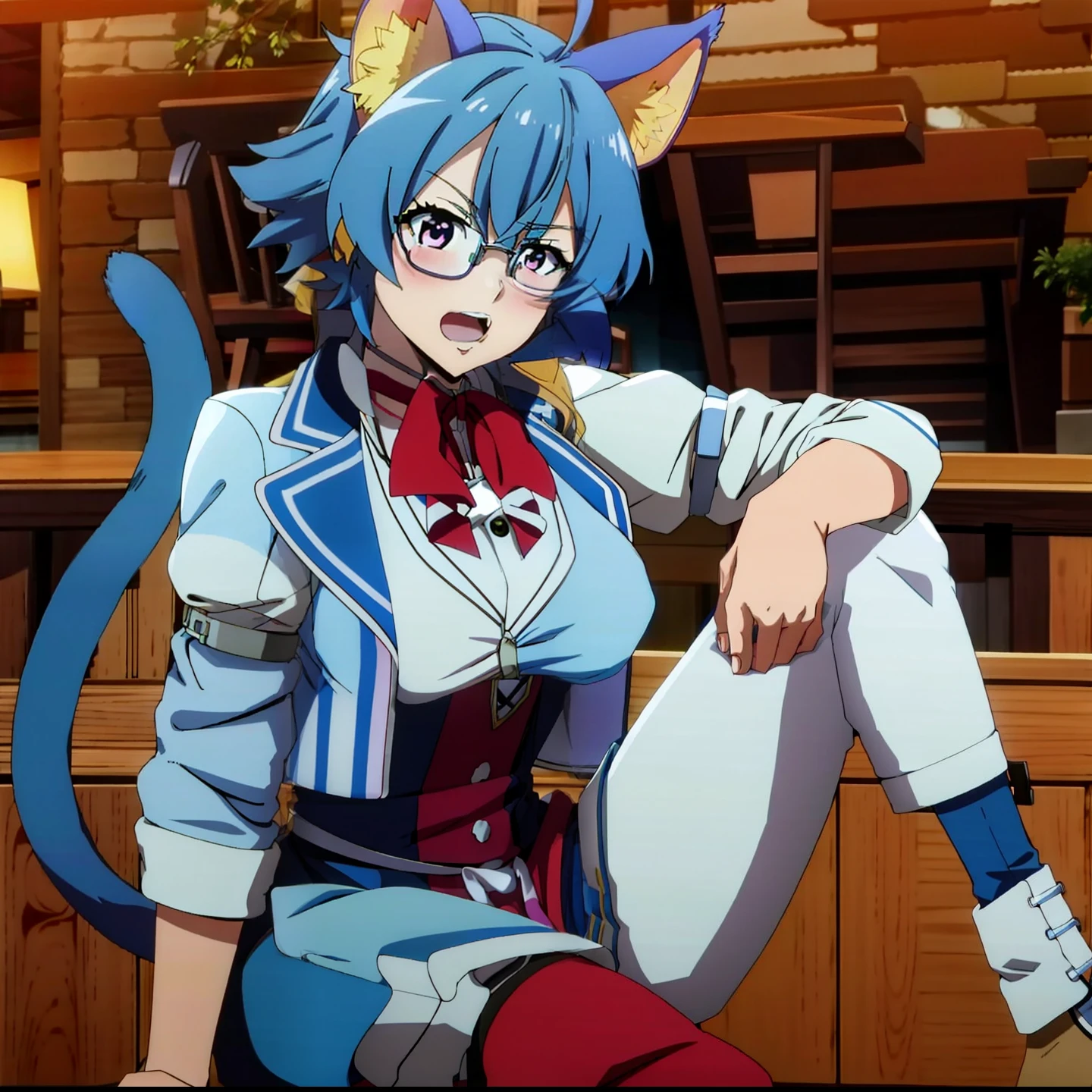 anime girl with cat ears sitting on a bench in a room, anime catgirl, neferpitou, nyaruko-san, attractive cat girl, cute anime catgirl, beautiful anime catgirl, anime visual of a cute cat, anime cat girl in a maid costume, akane owari danganronpa, anime girl with cat ears, glasses, blue hair,