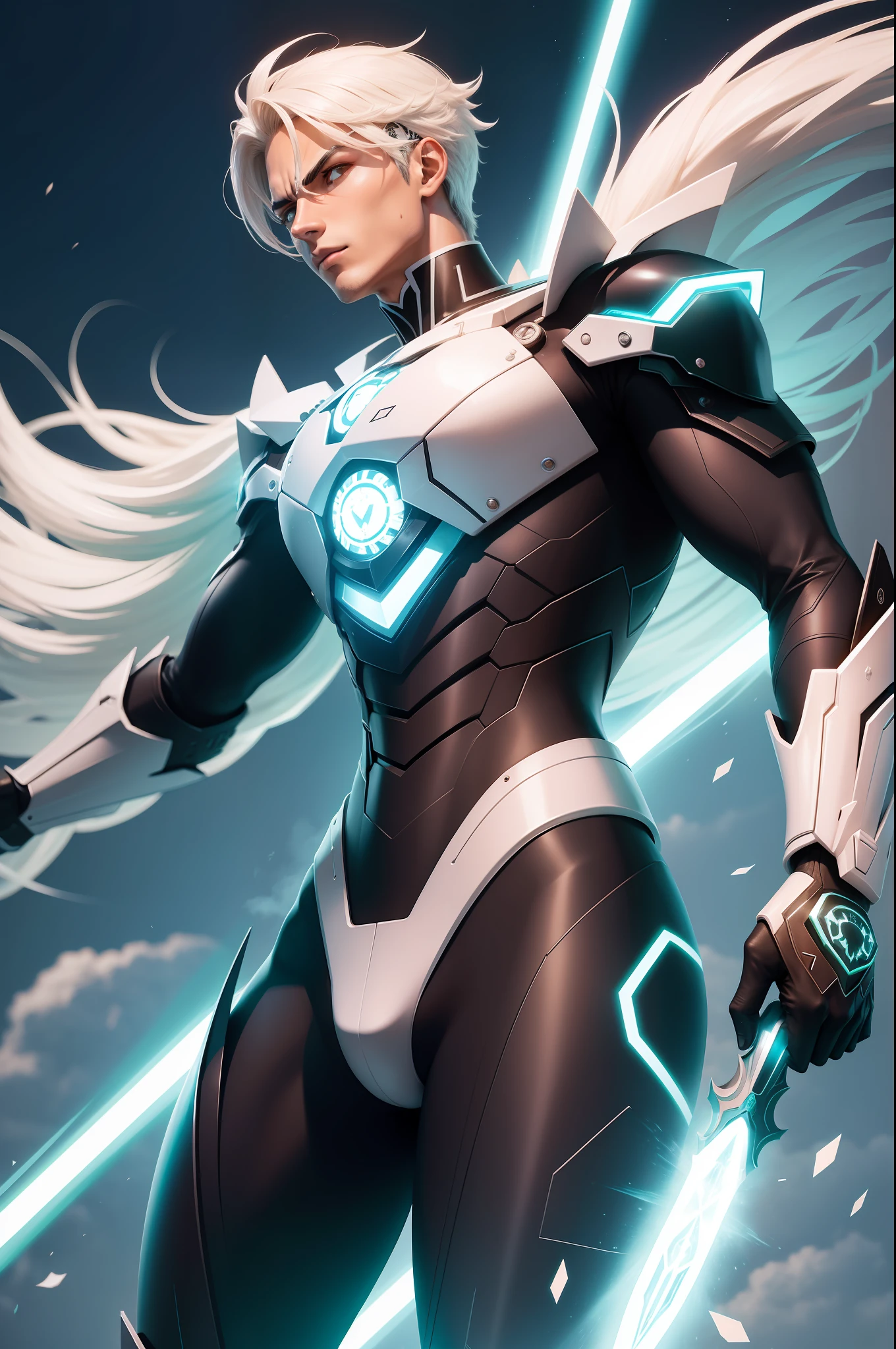 Um jaspion com espada emanando energia, robo gigante ao fundo