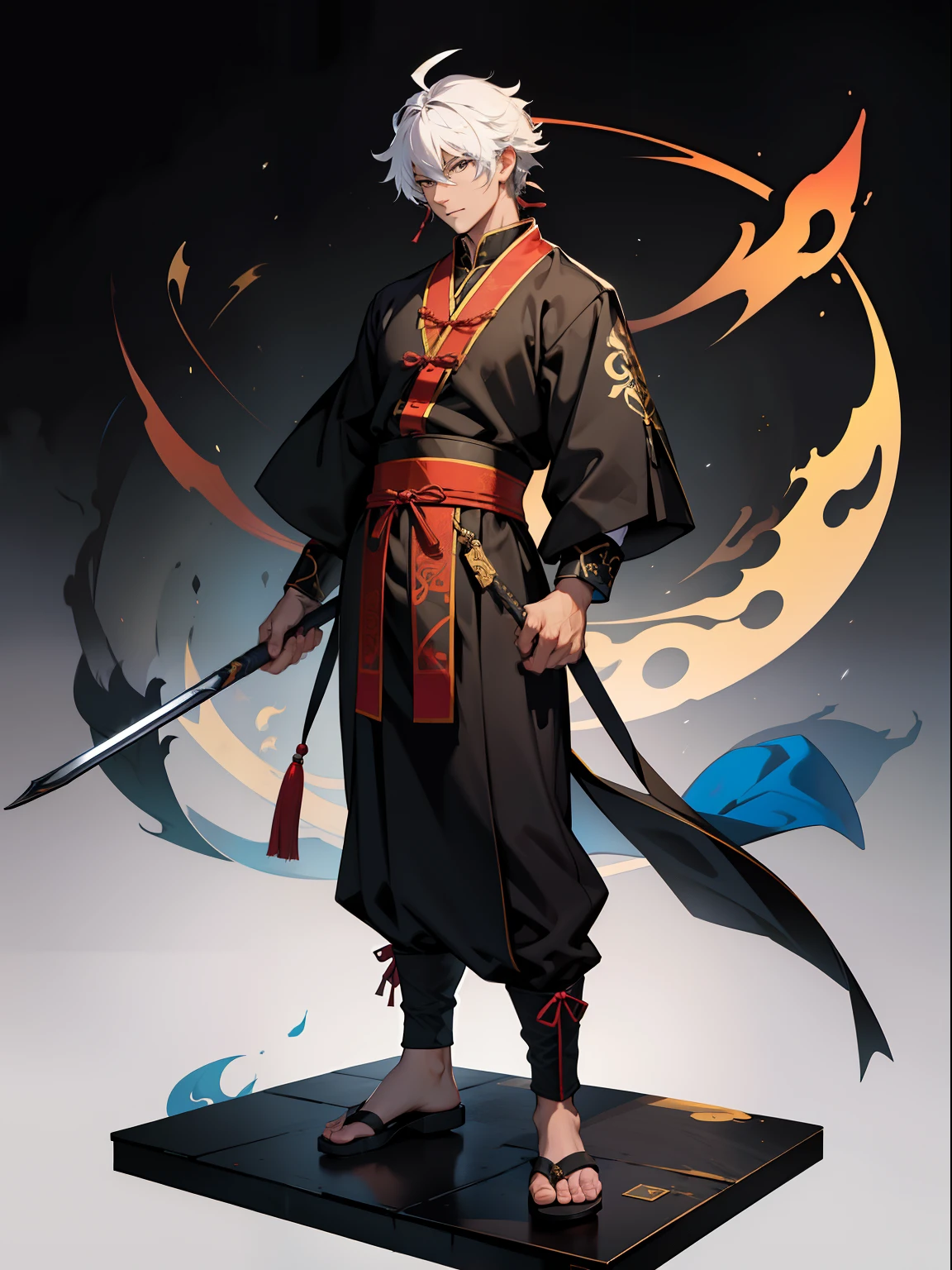 of a guy,Wearing a black Douluo costume,standing on your feet,nigth,Taoist