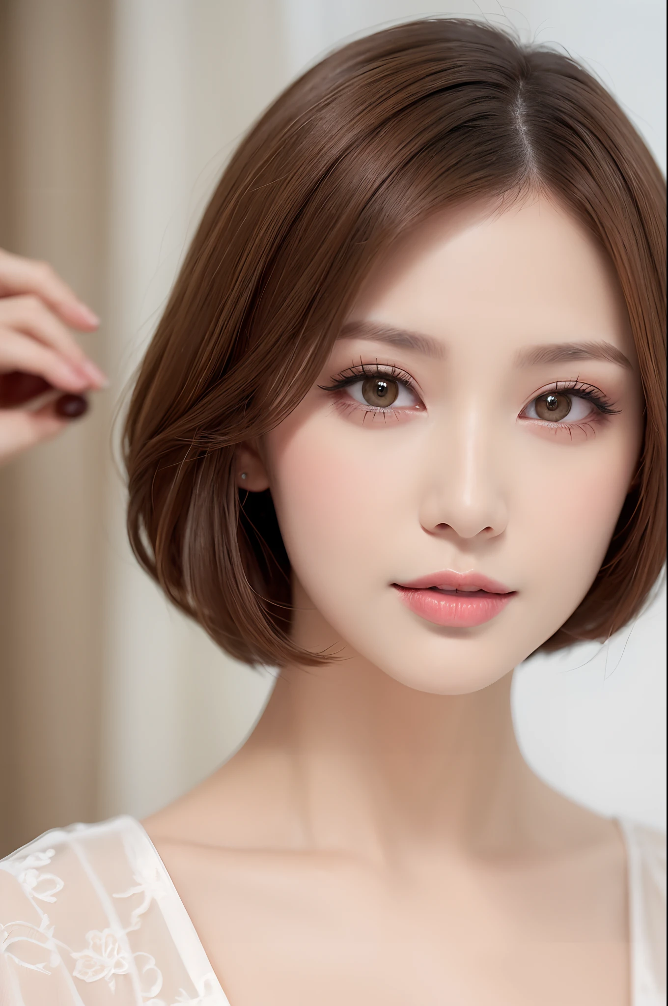 Elegant makeup, (Elegant shorthair,Light brown hair color: 1.4) Elegant dress、Chiffon blouse、full body Esbian、above waist