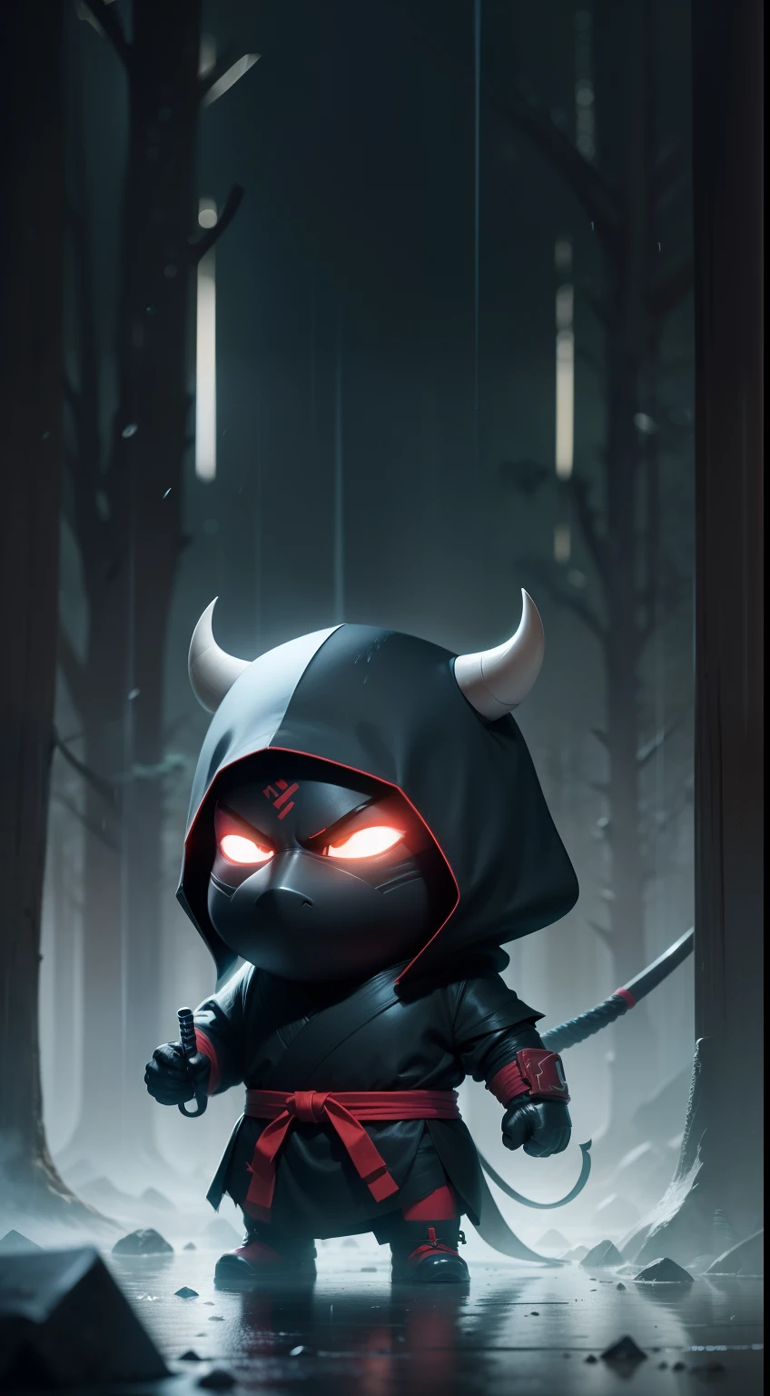 Create a vibrant dark fantasy cute ninja bull in a clean-lined minimalistic cartoon style, in the background a beautiful forest, rain, octane render, 8k