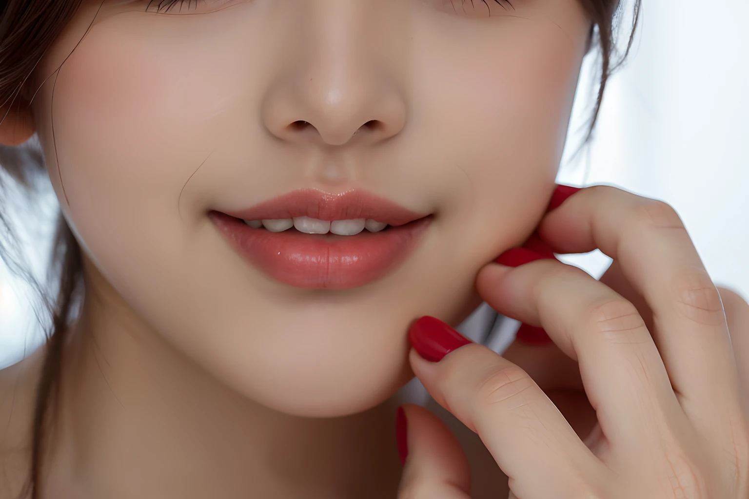 4 mujeres, heart shaped pupils, toenails, cana, purple eyes, (sonrojarse:1.1), gargantilla, parte superior del cuerpo, tembloroso, sudar, gota de sudor, heart, (senos medianos:0.6), amar, heart, Recortar arriba, feliz, They are smiling, Encaje, Bokeh, (Pedazos:0.8), textura natural de la piel, retrato, (rojo_fondo:1.3), hiperrealista. Desnuda, parcialmente desnuda, ???????