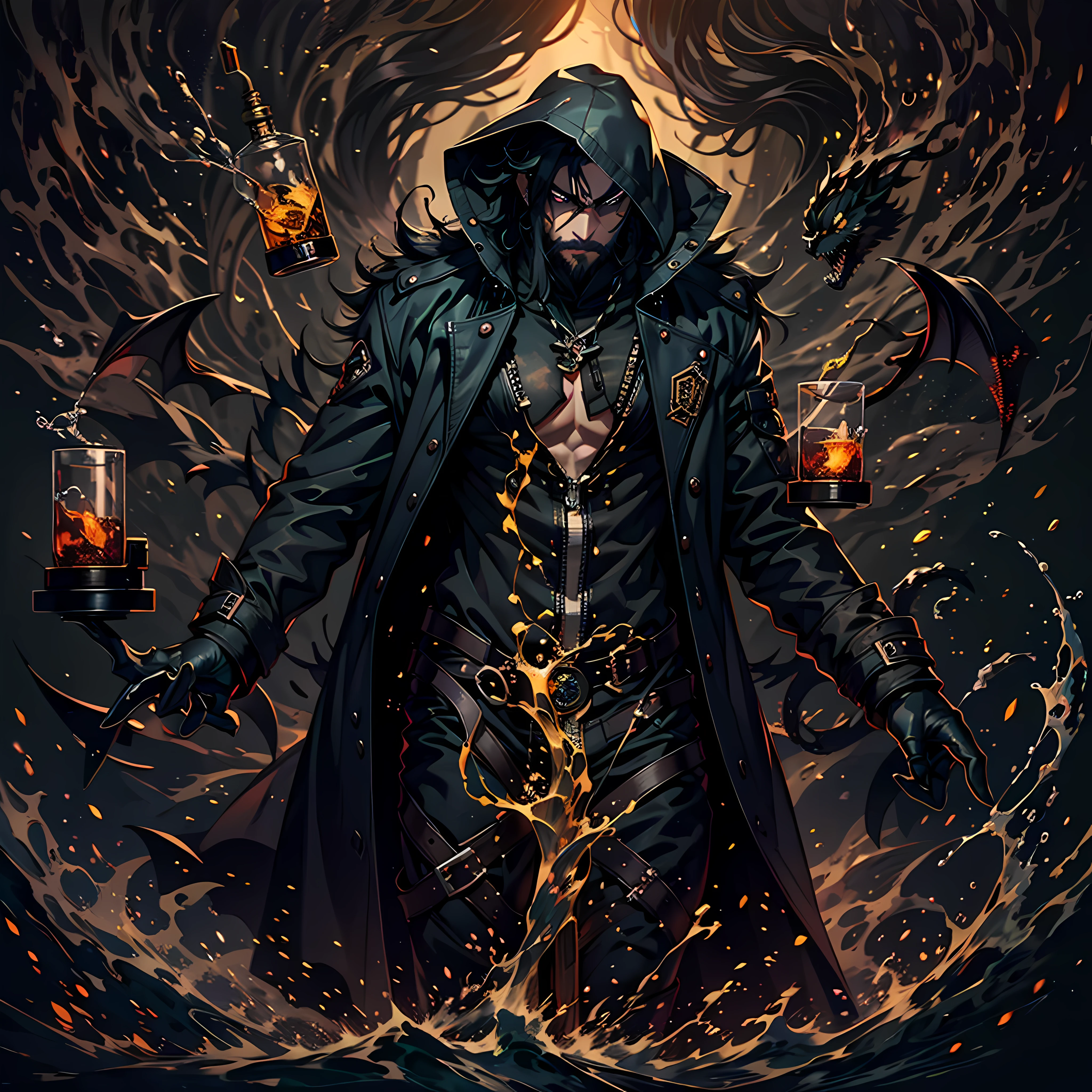 The Demon Hunter is a young man with black hair and a beard,Wears a large black trench coat with a black pattern。The demon hunters pulled the corks one by one,Smelled the liquid in the tube,And carefully pull out two light gold liquid test tubes,Poured out a little and tried it。When you feel that slight warmth rise from your body,The Demon Hunter's face that had been tense finally soothed a little。Dark theme, optic, fanciful。