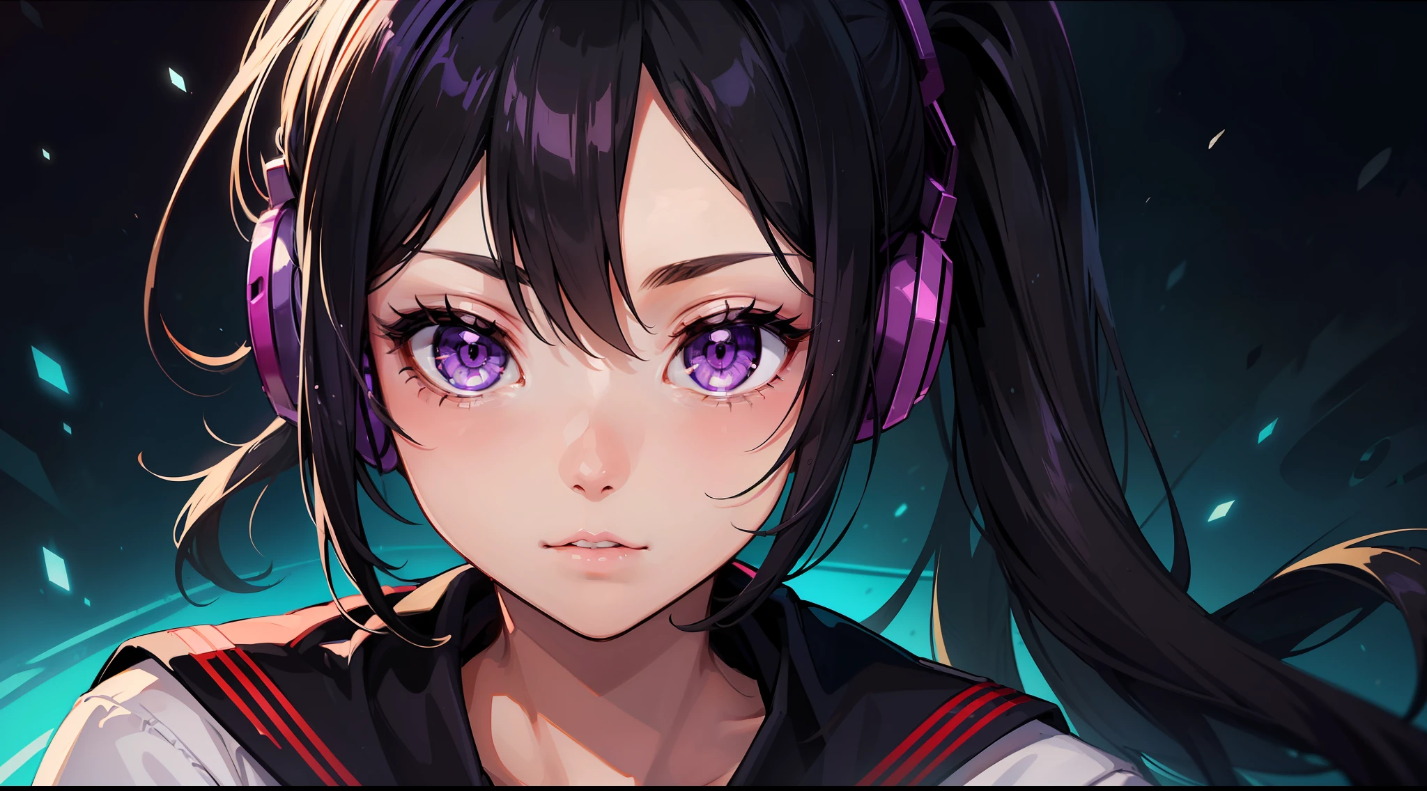 (top quality), (masterpiece), (perfect face), (super detailed), (ultra-detailed), 1girl, black hair, side ponytail, purple eyes, sailor suit, cute, kawaii, wearing headphones, purple lighting
