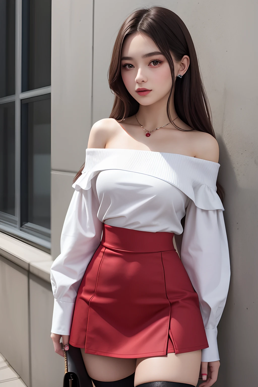 a beautiful 20yo skotlandia woman, off-shoulder shirt, high waist short skirt , thighhighs