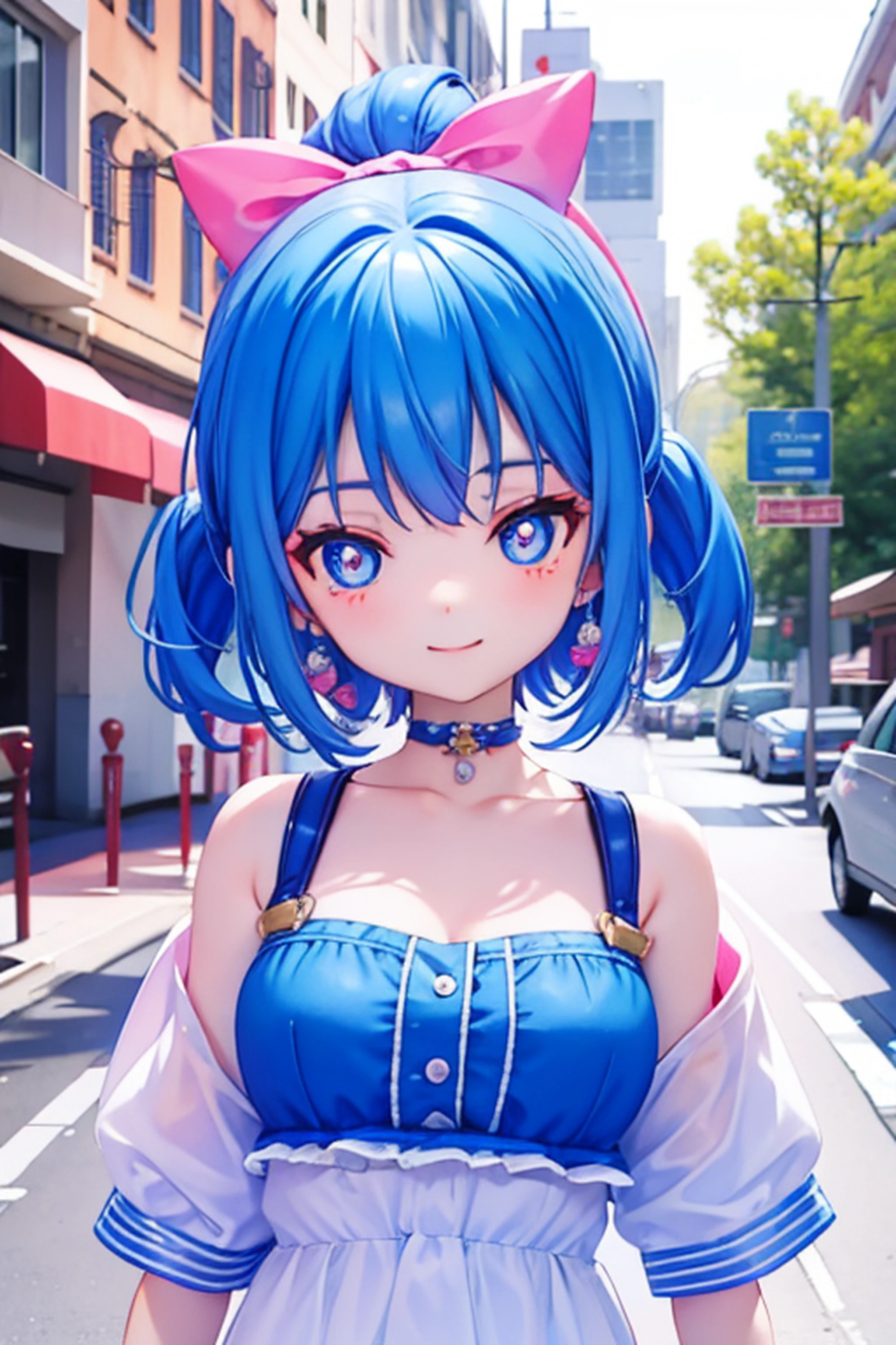 Blue-haired girl , big eyes, smile, front bust close-up, blue pupils, pink cherry pattern top, two-dimensional character, strolling through the street scene