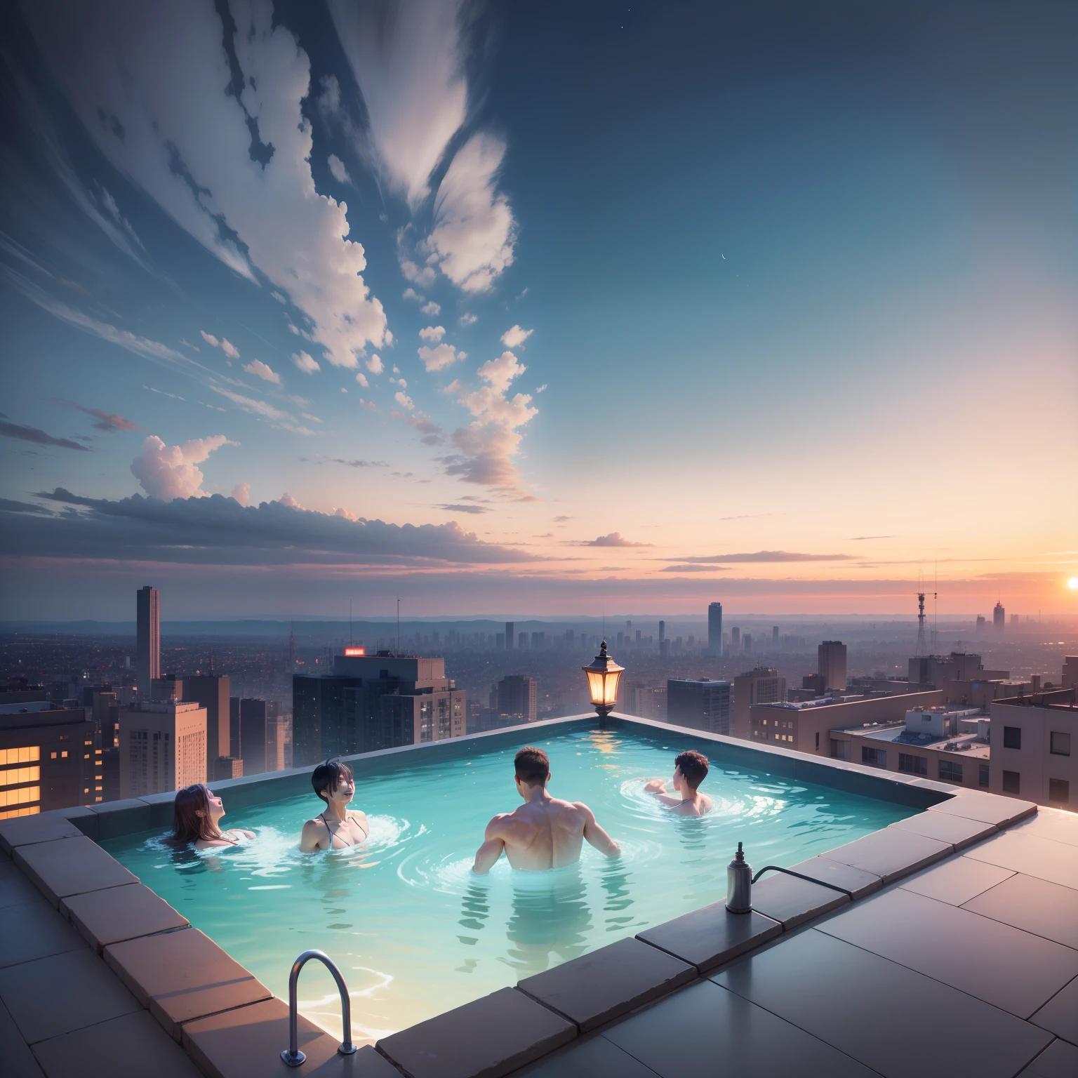 A huge open-air bath floating in the air　Above in the sky、top-quality、​masterpiece、超A high resolution、Beautiful world、