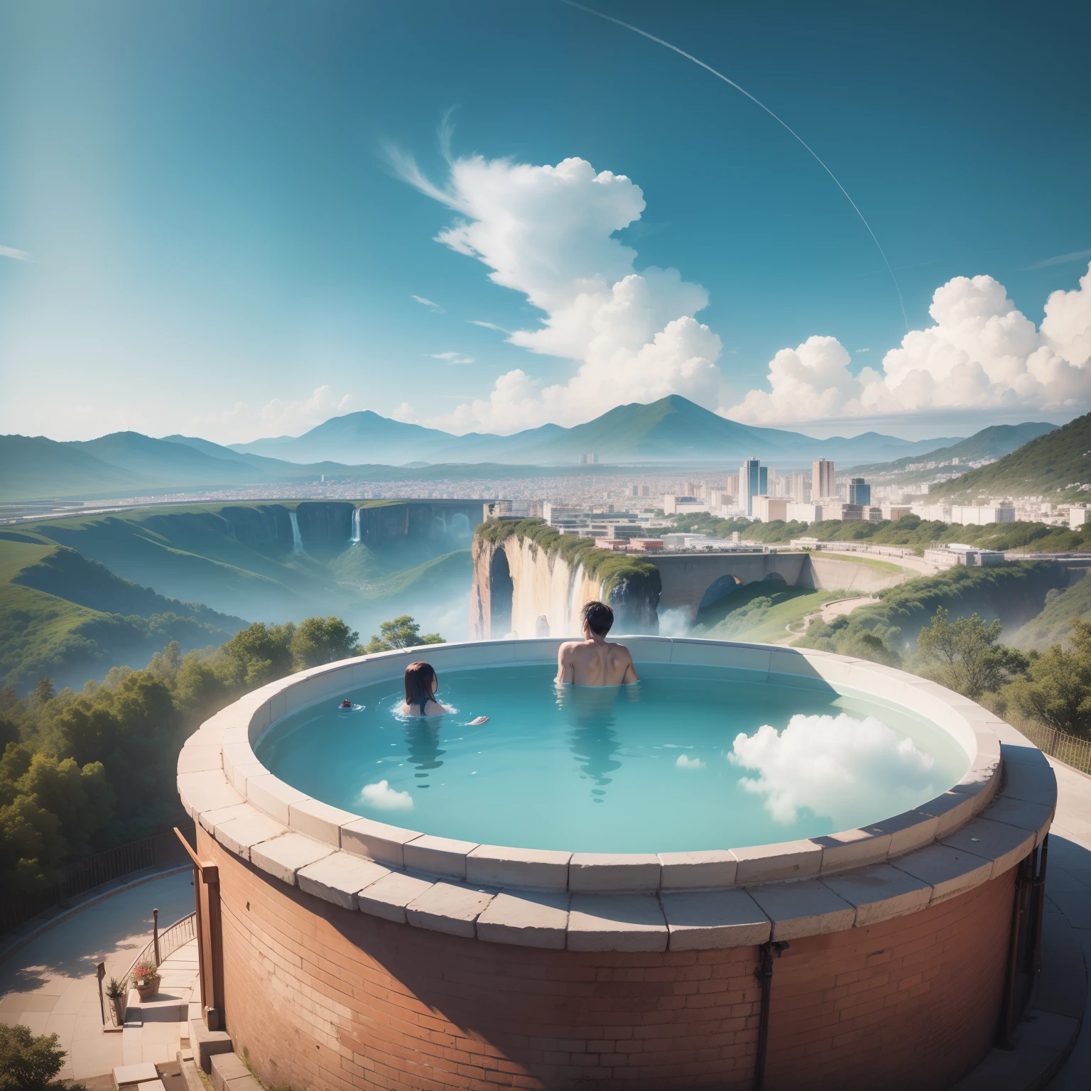 A huge open-air bath floating in the air Above in the sky、top-quality、masterpiece、超A high resolution、Beautiful world、