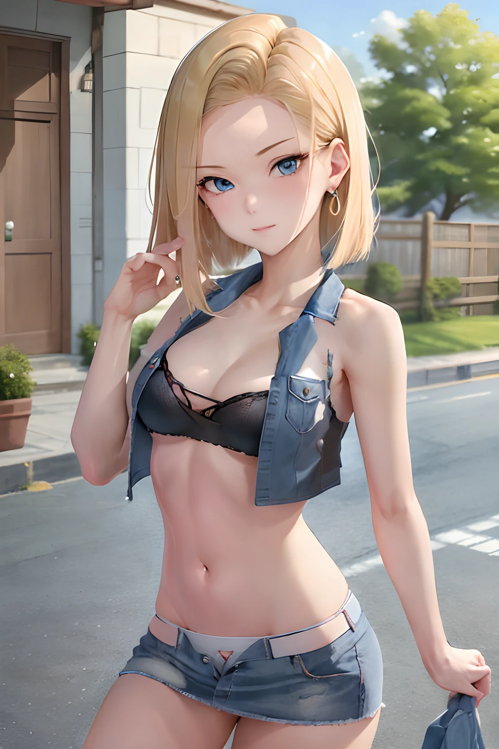 top-quality, hight resolution, 18 with, 1girl in, Android 18,Pose showing off white panties、 独奏, blonde hair, blue eyess, shorth hair, 耳环, jewely, Denim Vest, open vest,, Black shirt, Denim Mini Skirt,Sleeveless、Beautiful facial features、Beautiful belly button、beautiful thigh、 a blue skirt, medium breasts, cowboy shot, Street, off shoulders, Strapless,