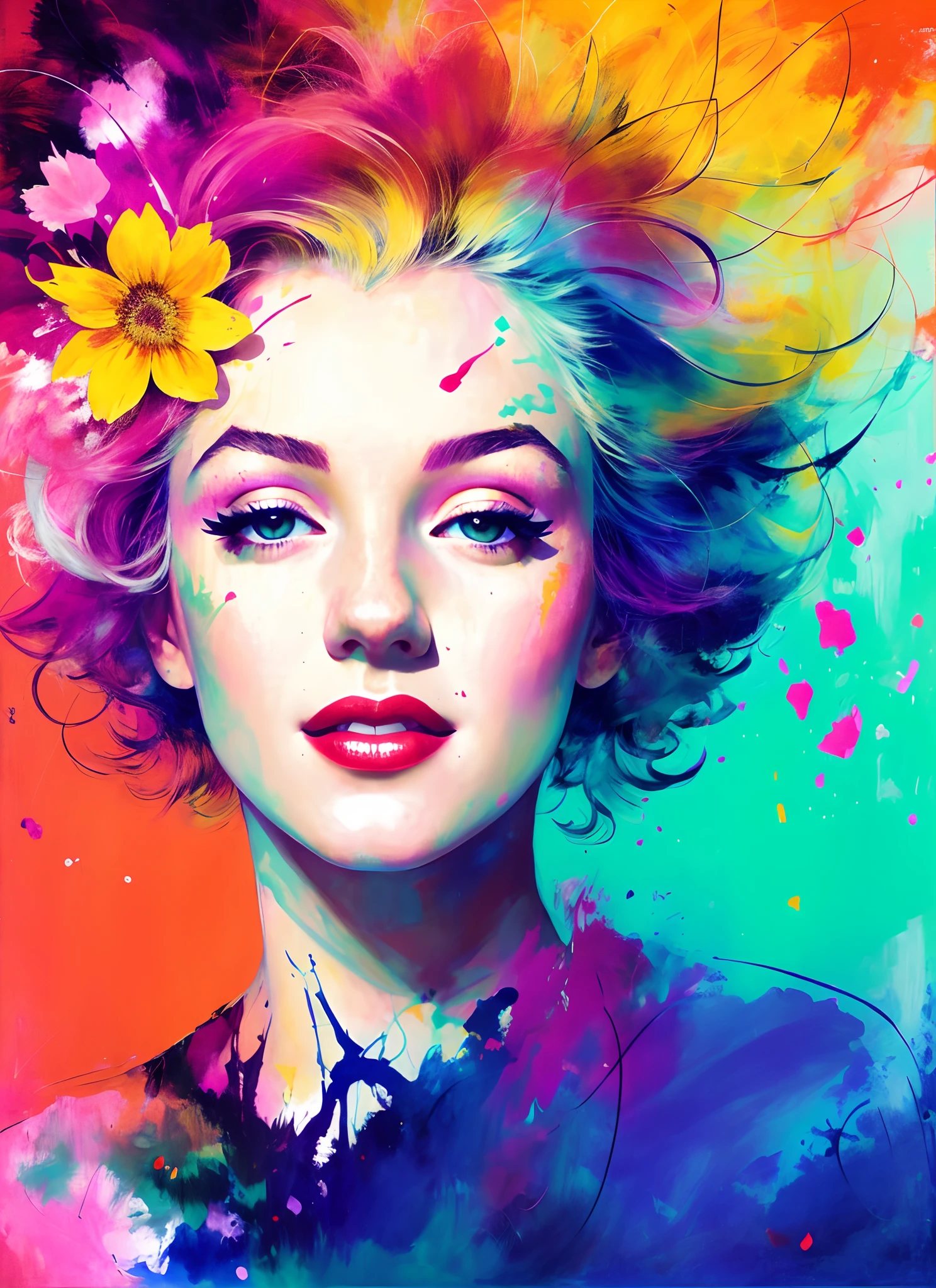 a painting by mse Marilyn Monroe by agnes cecile,1 girl, solo,face among the flowers, luminous design, pastel colours, mute color,  ink drips, autumn lights, Create a digital art work in pop art style, featureing a vibrant and confident woman with bold makeup and colorfull fashion, cover with flowers on hair, cinematic color scheme, surrounded by abstract flower patterns,flowers backgroung, energtic brush strokes, the mood should be dynamic.