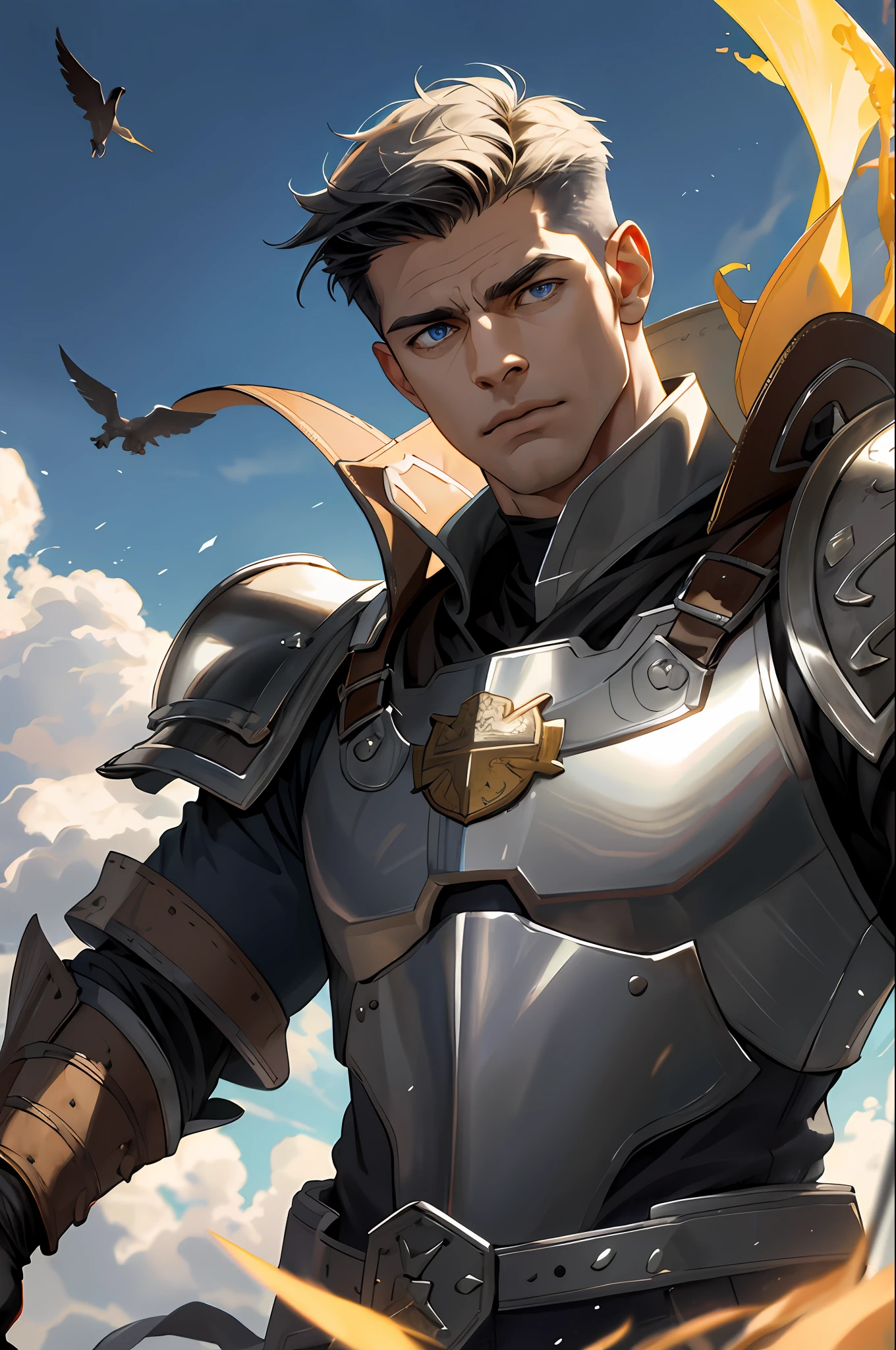 (absurdres, highres, ultra detailed), 1 male, mature, aged up, handsome, tall muscular guy, broad shoulders, very short hair, undercut, grey-blue eyes, finely detailed eyes and detailed face, extremely detailed CG unity 8k wallpaper, intricate details, portrait,  looking down, solo, upper body, detailed background, (dark fantasy theme:1.1), angelic face, bloodthirsty expression, crusader, hovering in air, sunshine, floating scraps, fighting stance, color leather armor, divine blessing, bright realistic lighting, heavenly landscape, peaceful atmosphere, crown, coat of arms, tabard,  hair blowing in wind,, cowboy shot