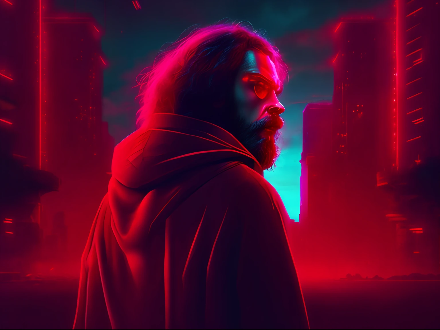 Socrates, Cyberpunk, 8k, with red lights,
with buildings in the background