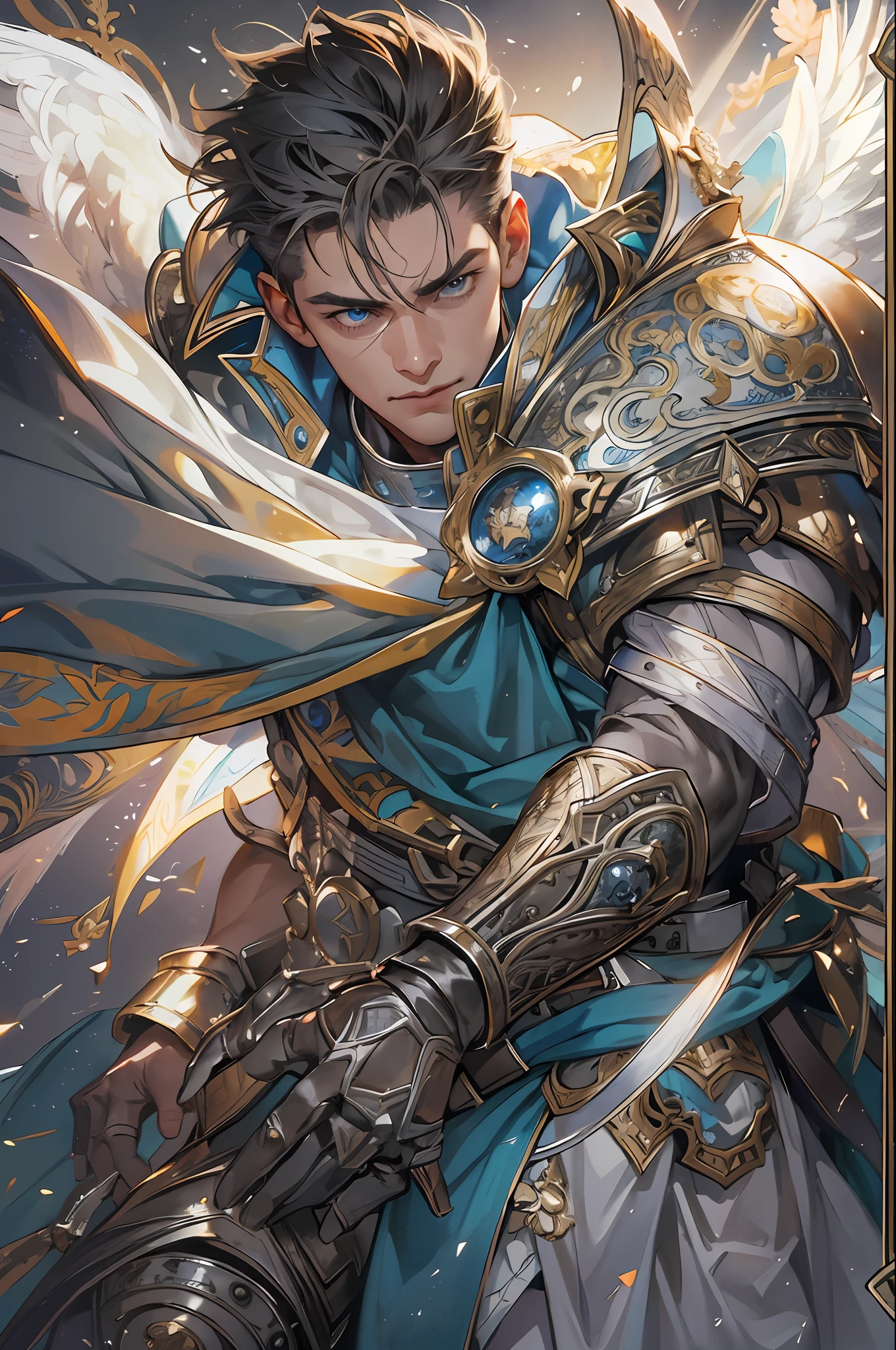 (absurdres, highres, ultra detailed), 1 male, mature, aged up, handsome, tall muscular guy, broad shoulders, very short hair, undercut, grey-blue eyes, finely detailed eyes and detailed face, extremely detailed CG unity 8k wallpaper, intricate details, portrait,  looking down, solo, upper body, detailed background, (dark fantasy theme:1.1), angelic face, bloodthirsty expression, crusader, hovering in air, sunshine, floating scraps, fighting stance, color leather armor, divine blessing, bright realistic lighting, heavenly landscape, peaceful atmosphere, crown, coat of arms, tabard,  hair blowing in wind,, cowboy shot