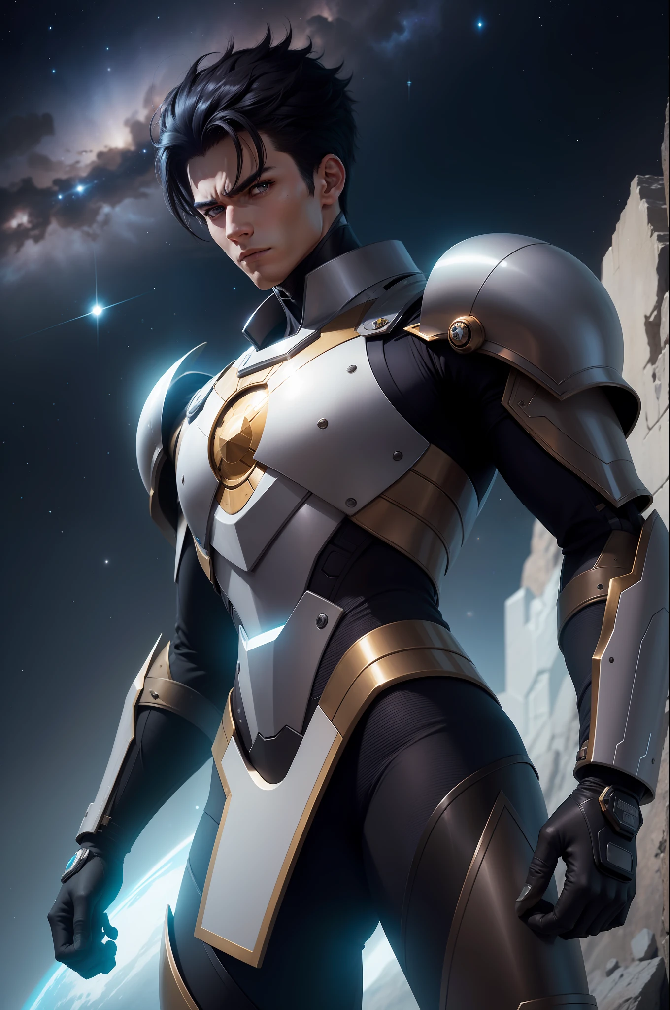 --Personagem: Jaspion
Jaspion is a fearless intergalactic hero known for his shining silver armor and his courageous attitude. His determined gaze reflects his dedication to protecting the galaxy from evil threats. His black hair and serious expression show his unwavering determination to fight for good.

--Daileon Robot
In the background, the imposing Daileon Robot rises as a giant guardian. Its metallic structure is marked by aerodynamic lines and complex technological details. Os olhos luminosos do Daileon emitem um brilho intenso, indicating his strength and power. His steady hands hold advanced weapons, ready to defend justice alongside Jaspion.

--Space Scenario
The scene unfolds in the midst of vast outer space, com estrelas cintilantes e nebulosas coloridas pontilhando o fundo escuro. Jaspion and Daileon are positioned on a metal platform, Prepared to embark on an epic new mission to confront the evil that threatens galactic peace.

--Adventure Atmosphere
The image captures the essence of the intergalactic adventure, conveying a sense of heroism and determination. The combination of the heroic figure of Jaspion with the formidable Robot Daileon creates an impactful scene that evokes action, Emotion and the promise of epic battles in the cosmos.