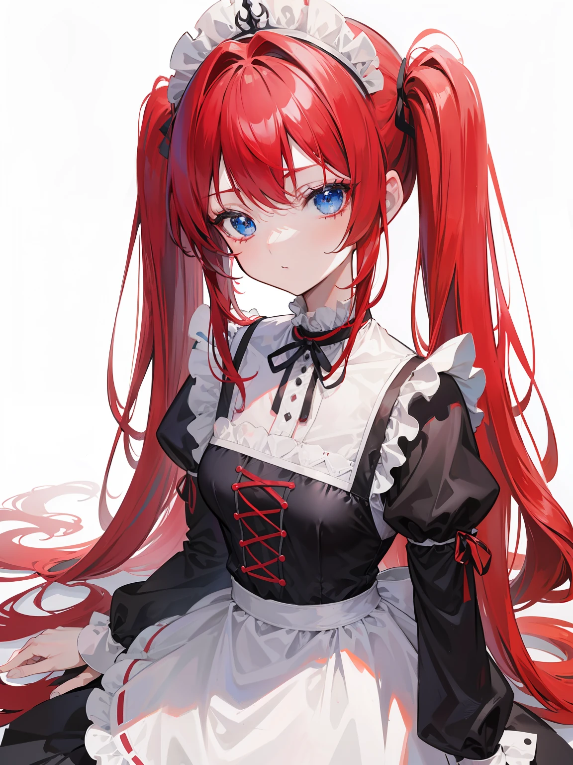 red hair,blue eyes,twintails,maid, long hair, long sleeves, gothic, solo, loli,{{best quality}}, {{masterpiece}}, {{ultra-detailed}}, {illustration}, {detailed light}, {an extremely delicate and beautiful},