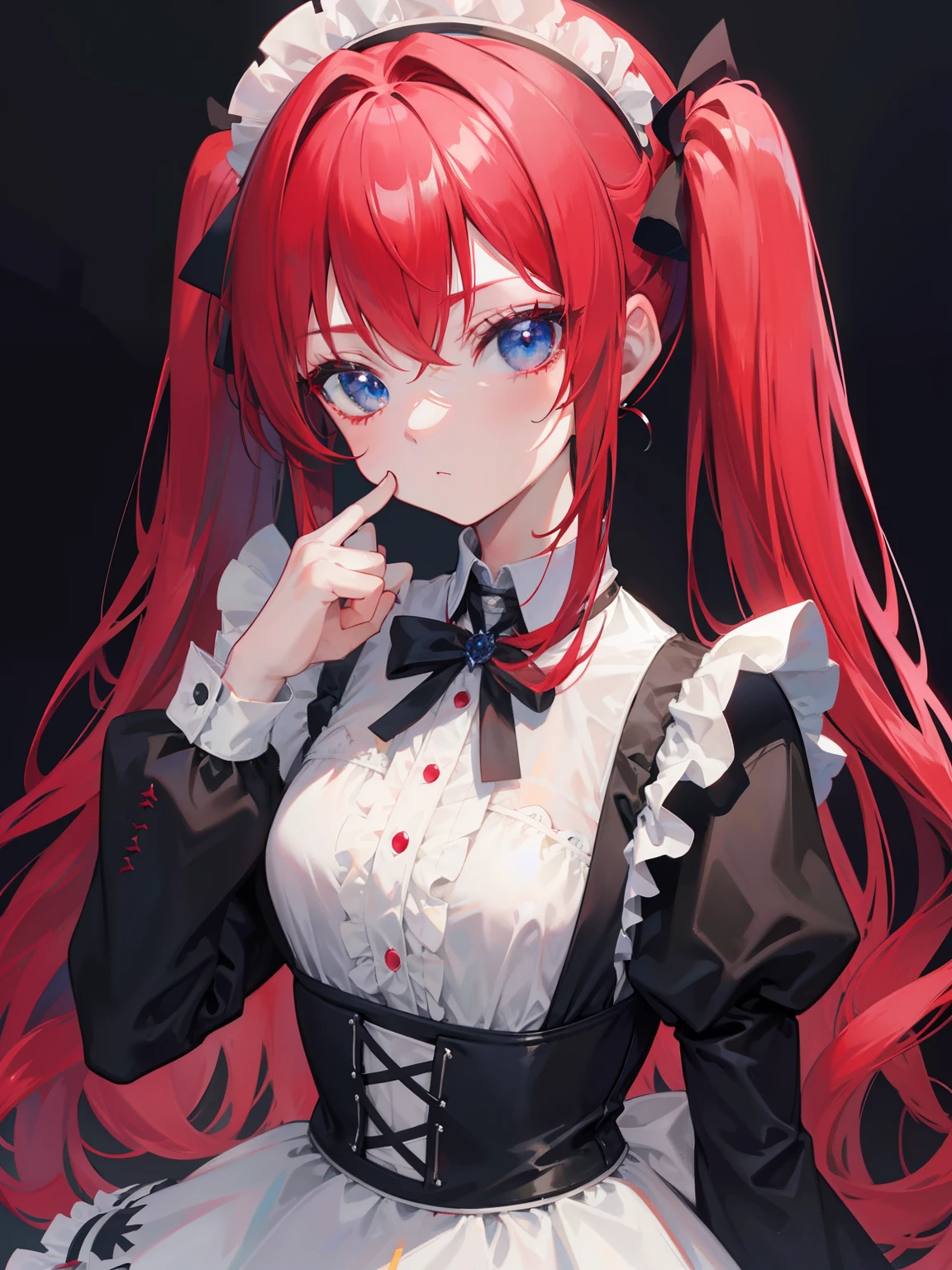 red hair,blue eyes,twintails,maid, long hair, long sleeves, gothic, solo, ,{{best quality}}, {{masterpiece}}, {{ultra-detailed}}, {illustration}, {detailed light}, {an extremely delicate and beautiful},