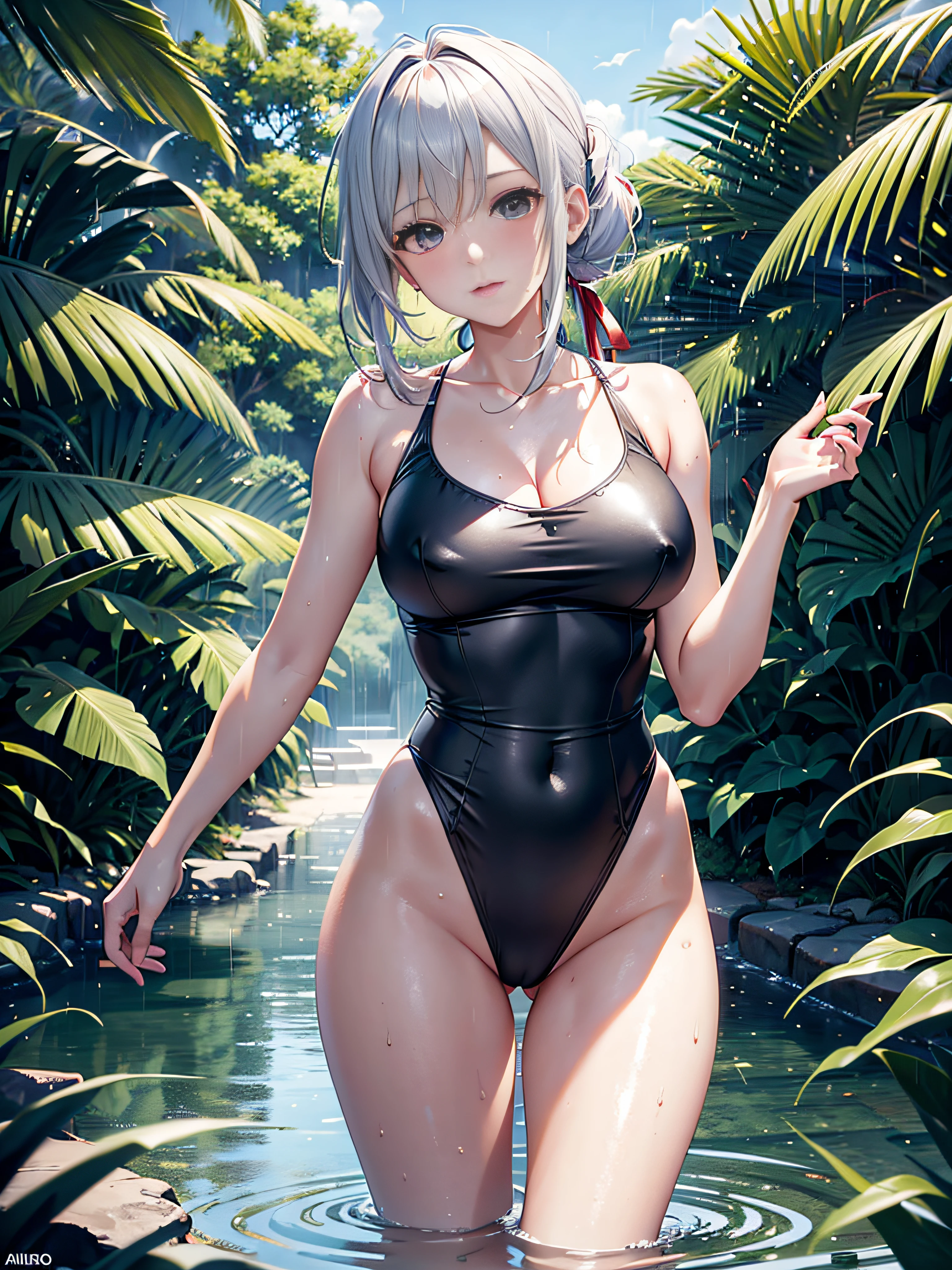 quality 3, Wet Anime, Hyper details, full body view, Wet Anime White woman 20 years old with Random color hair wet hair tied back with a red ribbon Her eyes are the same color as her wet hair, thin and super tight clothes: white Nano tube top and Nano Lycras, a jungle background under a constant torrential rain drenching them, leaning wet back pose, showing off her beautiful body 92 59 90, flirty face, invisible pedestal,, movie grain, Colores Fuji, Contraste de luz y sombra, piel texturizada, dynamic pose, realismo, luz del sol, alto contraste, HDR (High Dymanic Range), Trazado de rayos, NVIDIA RTX, Super resolution, Irreal 5, Sub-Surface Scatterring, Textura PBR, Post-procesamiento, Anisotropic filtering, profundidad de campo, Maximum clarity and sharpness, Texturas multicapa, Albedo y mapas especulares, Sombreado de superficies, Accurate simulation of light-material interaction, proporciones perfectas, Renderizado de alto octanaje, two-color illumination, amplia apertura, ISO bajo, 8k,camara canos eos profesional lens 50mm