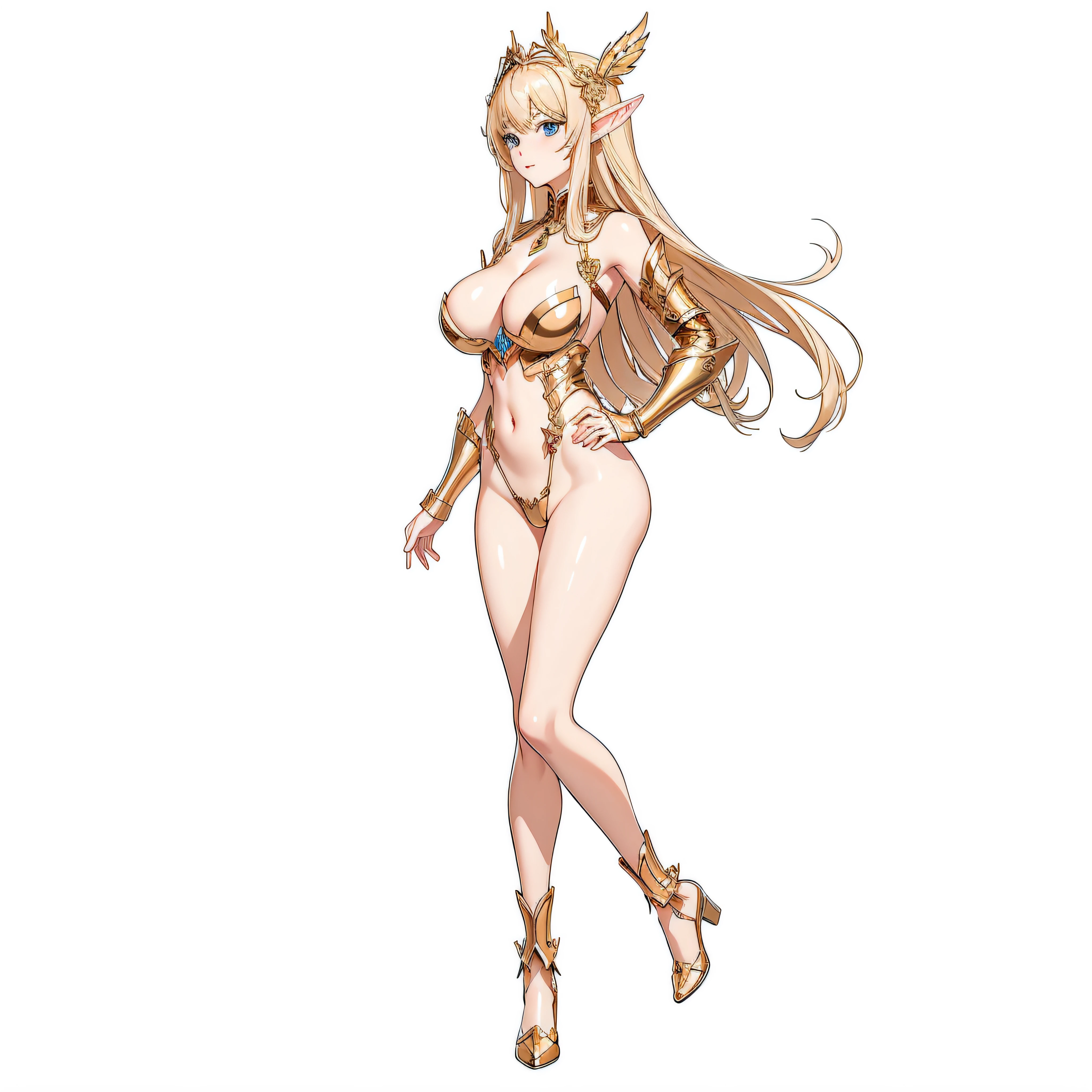 top-quality、Full body like、golden armour、fullnude、Anime girl with very big breasts posing naked、very big boobs、Hide your with your hands、(Exposed seductive attractive cleavage:1.3)、elvish、no-bra、Blonde blue-eyed