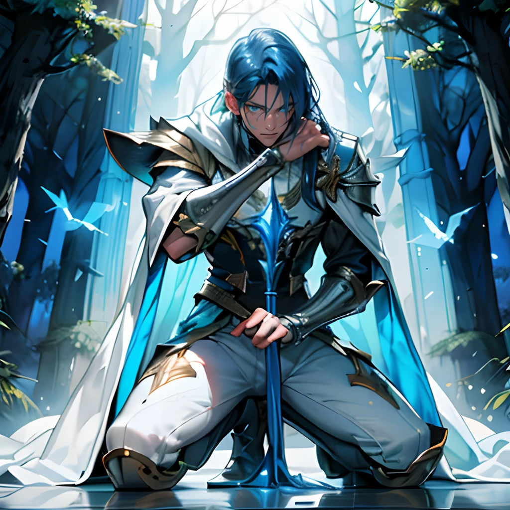 White Knight,Kneel on one knee,Covered in scars,A tree that emits blue light,Full of details,Panorama Figures,tmasterpiece