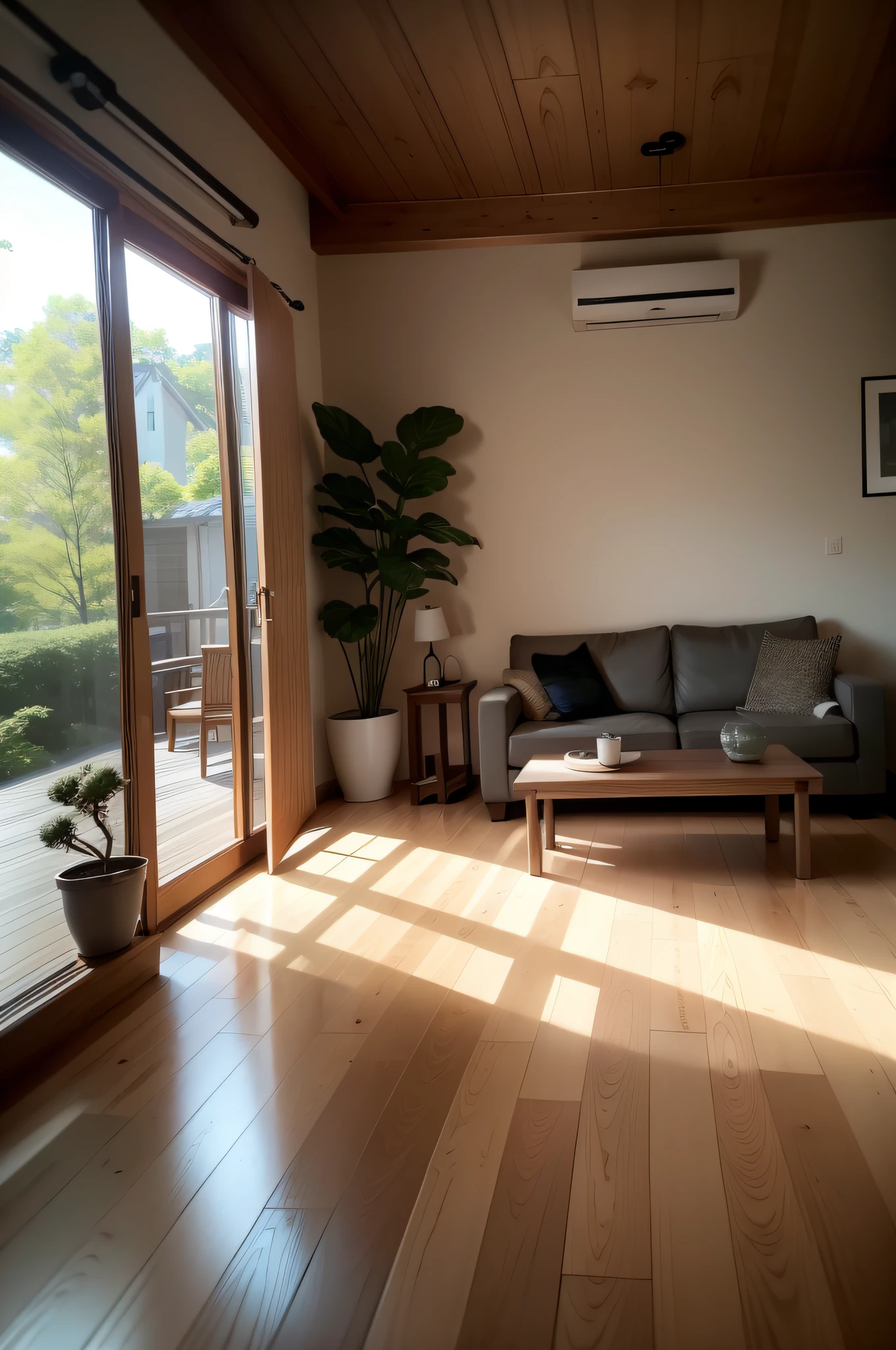 interior design、Insanely detailed wide-angle architectural photo、Cozy contemporary living room、(Bright and warm sunlight 1:0.1)、Award-winning contemporary interior design、landscapes、The table、a chair、in a house、Wooden flooring、window、resturant、east asian east asian architecture、sliding paper doors、abajour、architectural、the woods、naturey、cups、a plant、interior design、Insert lighting and shadows、depth of fields、low illuminance