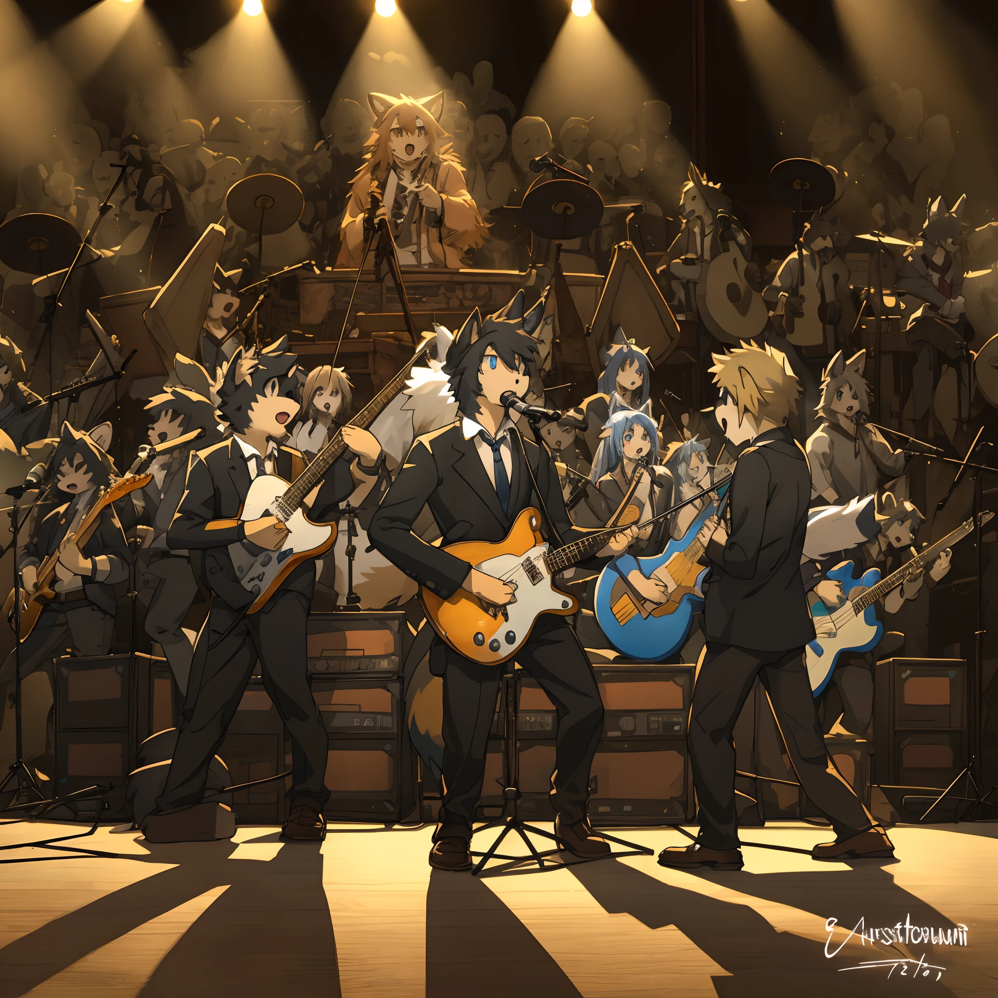 top quality, best quality, High-quality illustrations, masterpiece, super high resolution, detailed background, Rock Band Concerts, Musical instrument performance, Stage Performance, hot air, 6+boys, 6+girls, absurdres(highly detailed beautiful face and eyes)perfect anatomy, expression, good lighting, cinematic shadow(kemono, furry anthro),