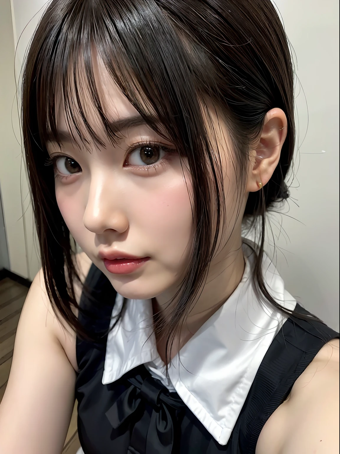 (8K, Raw photography, top-quality, masterpiece:1.2), One Woman、Japan at the age of 18,(Realistic Skins 1.4) 、(((hi-school girl、Wearing a school uniform、wears glasses、)))((Smaller chest、small tits、))、(Black stockings、high-heels、)、50mm Lens、30mm film、(Long Bob、bobhair、)(A dark-haired、The forehead is hidden by bangs、)、Black eyes、shinny skin、Skin shiny with sweat、Beautiful delicate face、Beautiful delicate eyes、bbw、Voluptuous body shape、Thicker thighs、One piercing in each ear、simple background、Turquoise background、