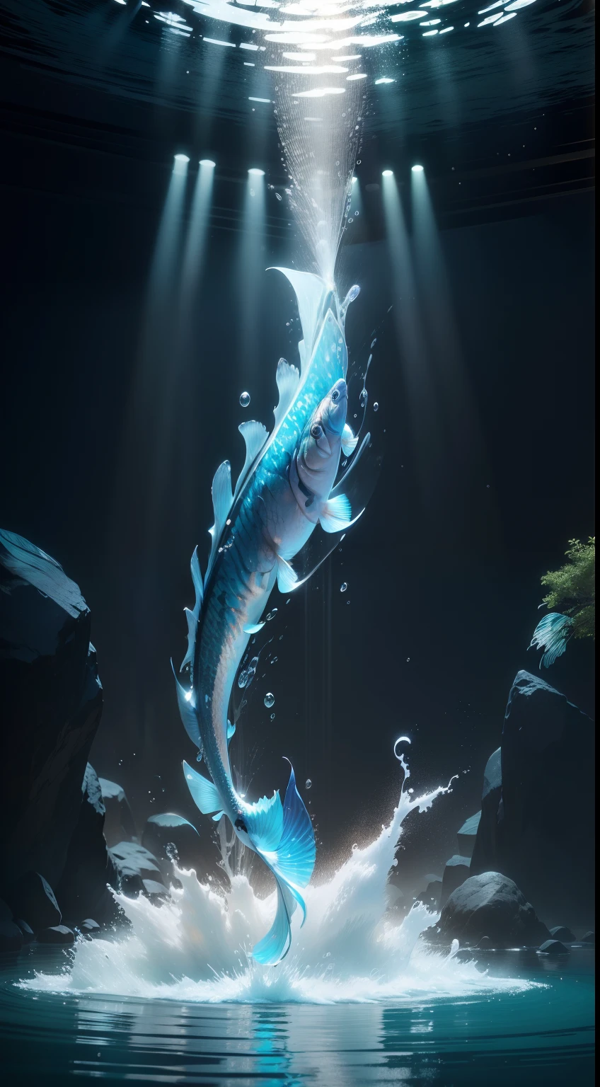 Here is an astonishing representation of hyper-realistic accuracy, where a mesmerizing ornamental fish challenges your aquatic home, leaping with unbridled grace into the air. Water splashes on delicate droplets, suspended in a moment of suspended animation as the fish breaks free of its limits.

Every detail of the fish's luminous scales is meticulously caught, their colors reflecting a kaleidoscope of iridescence as they capture light. The movement of the fish is palpable, its streamlined body captured in the middle of the jump, Dynamic motion frozen in time.

Against the rich backdrop of chiaroscuro lighting, A cena exala um ambiente sobrenatural, enfatizando o salto do peixe para a liberdade. O jogo de luz e sombra aumenta o drama, Throwing a dramatic spotlight on the aquatic spectacle.

In this masterpiece of photographic realism, The viewer is invited to witness the intricate play of light, movimento, e forma como o peixe ornamental embarca em sua jornada ousada, leaving a trail of water droplets in their wake. The result is an immersive visual experience that transcends the boundaries of traditional art, convidando-o a explorar os reinos da beleza hiper-detalhada.