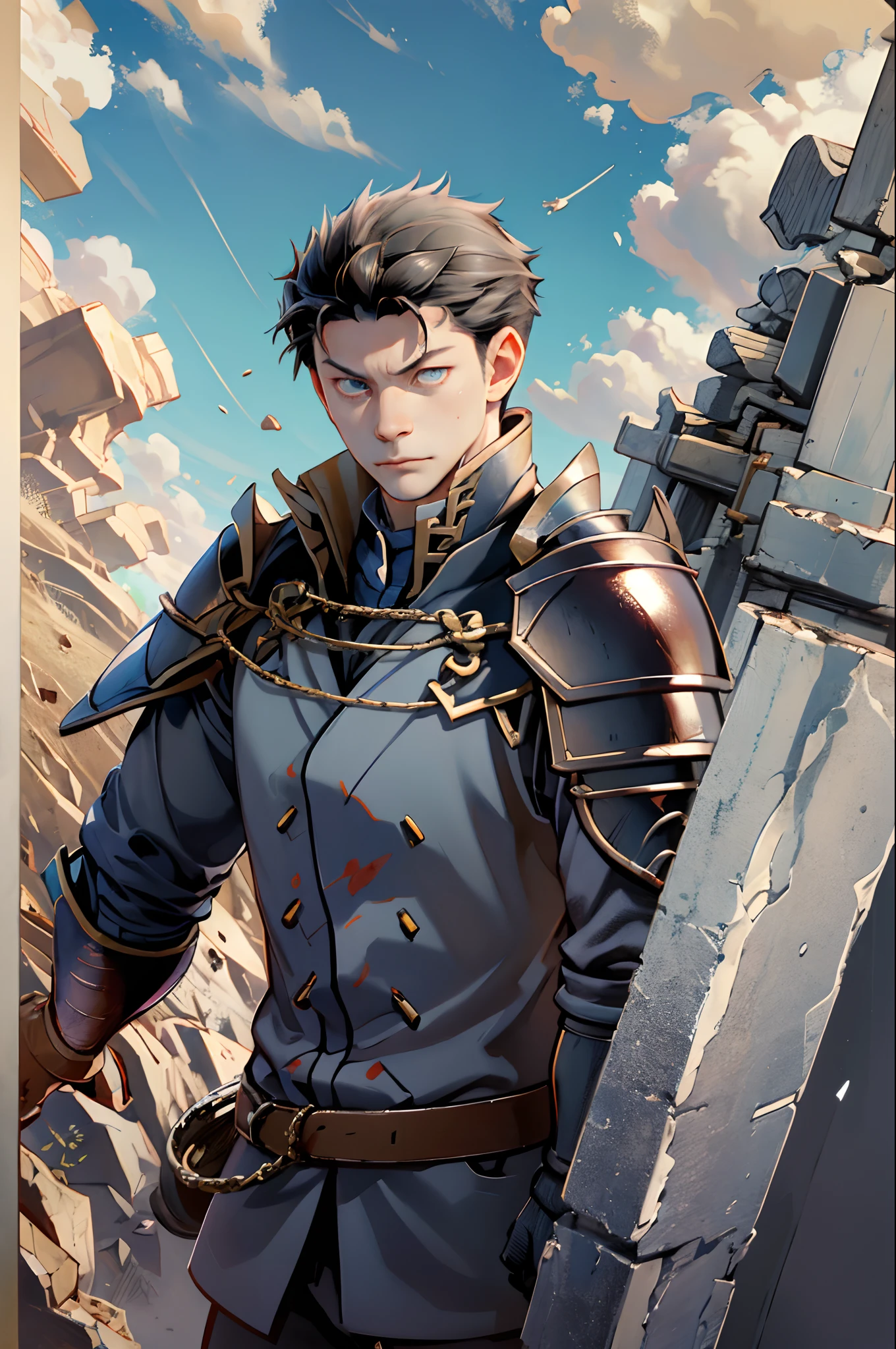 (absurdres, highres, ultra detailed), 1 male, mature, aged up, handsome, tall muscular guy, broad shoulders, very short hair, undercut, grey-blue eyes, finely detailed eyes and detailed face, extremely detailed CG unity 8k wallpaper, intricate details, portrait, looking down, solo, upper body, detailed background, (dark fantasy theme:1.1), angelic face, bloodthirsty expression, crusader, hovering in air, sunshine, floating scraps, fighting stance, color leather armor, divine blessing, bright realistic lighting, heavenly landscape, peaceful atmosphere, crown, coat of arms, tabard, hair blowing in wind,, cowboy shot