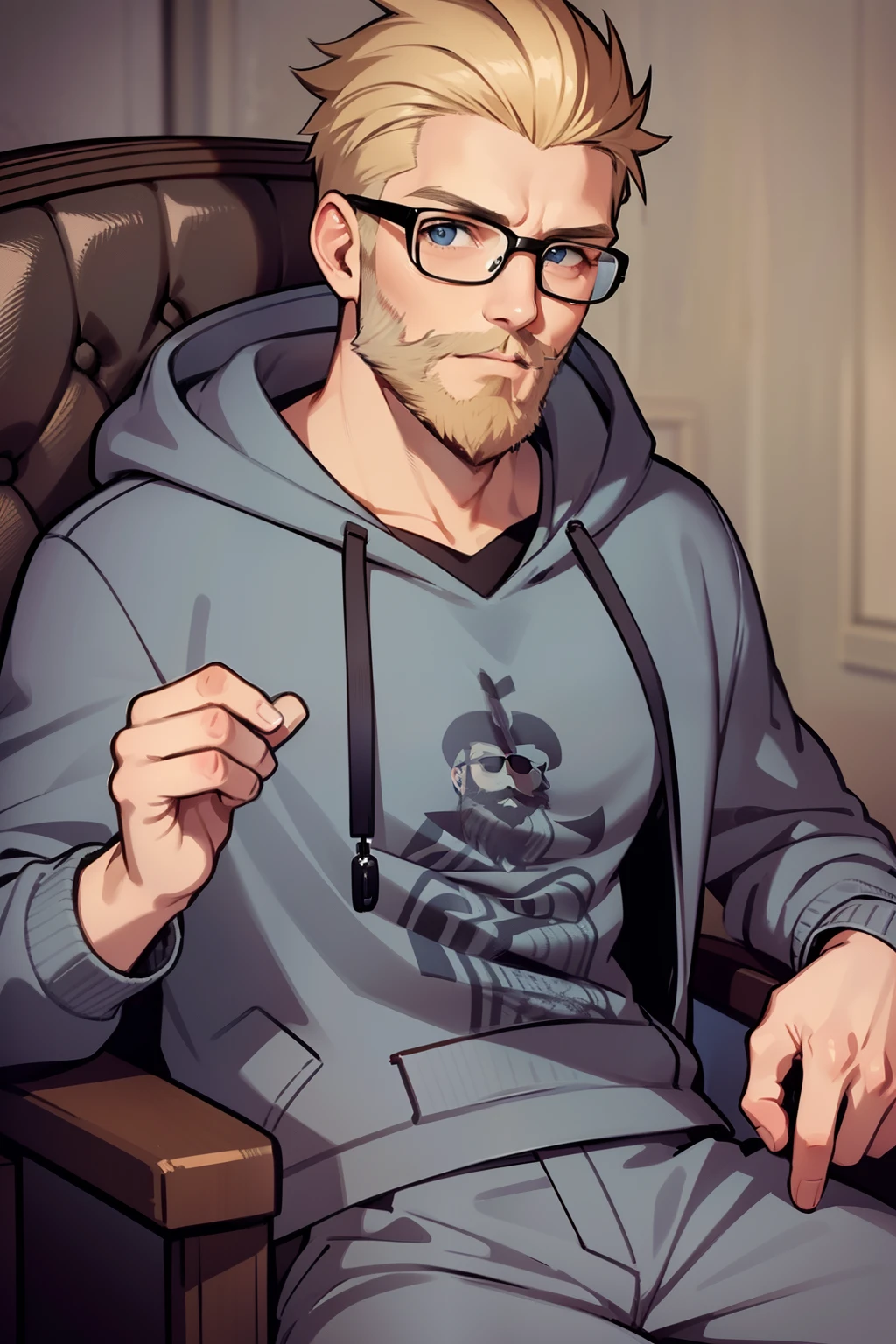 a bearded man wearing grey sweatshirt and grey jacket relaxing, 1boy, male focus, facial hair, solo, bushy beard, glasses, jacket, looking at viewer, short hair, hood, armchair, broad shoulders, (blonde hair), blue eyes