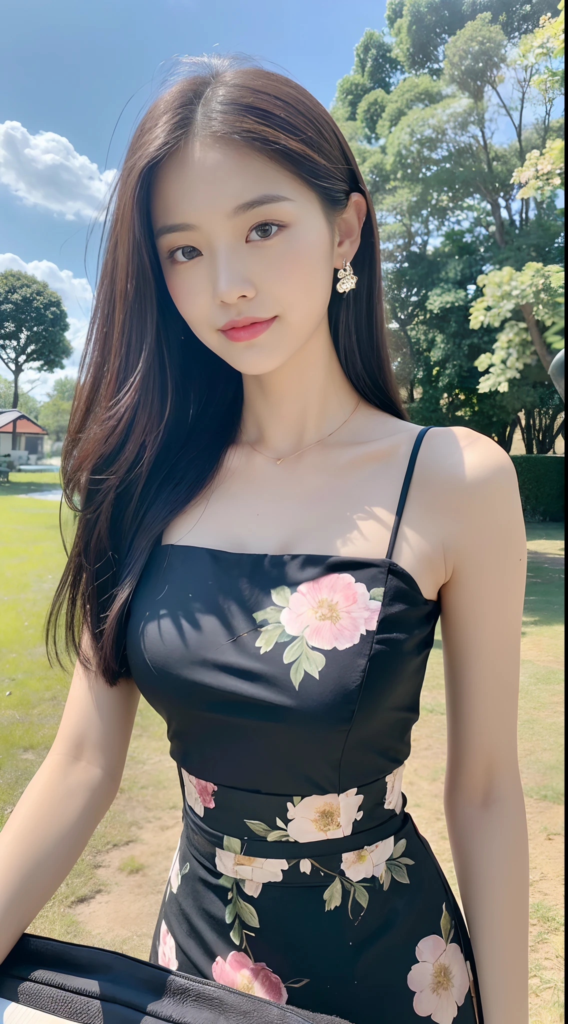 ((best qualtiy, 8K, tmasterpiece:1.3)),Focus:1.2, female high-school student,Perfect S-Shaped Body,(A look of determination)(adolable),delicated face,Long hair waist-length,long hair flowing,Tilt your head,ssmile,Hair details,Delicate Full Body Portrayal,Delicate depiction of the face,Best picture quality,A high resolution,细致背景,Delicate portrayal,exquisitedetails,Rich in detail,Facial strengthening,(Black cropped top,Floral bust midi skirt),with blue sky and white clouds,Flowers,wooden cabin,There are no bags under the eyes,gazebo,Sit in the gazebo,A gentle breeze