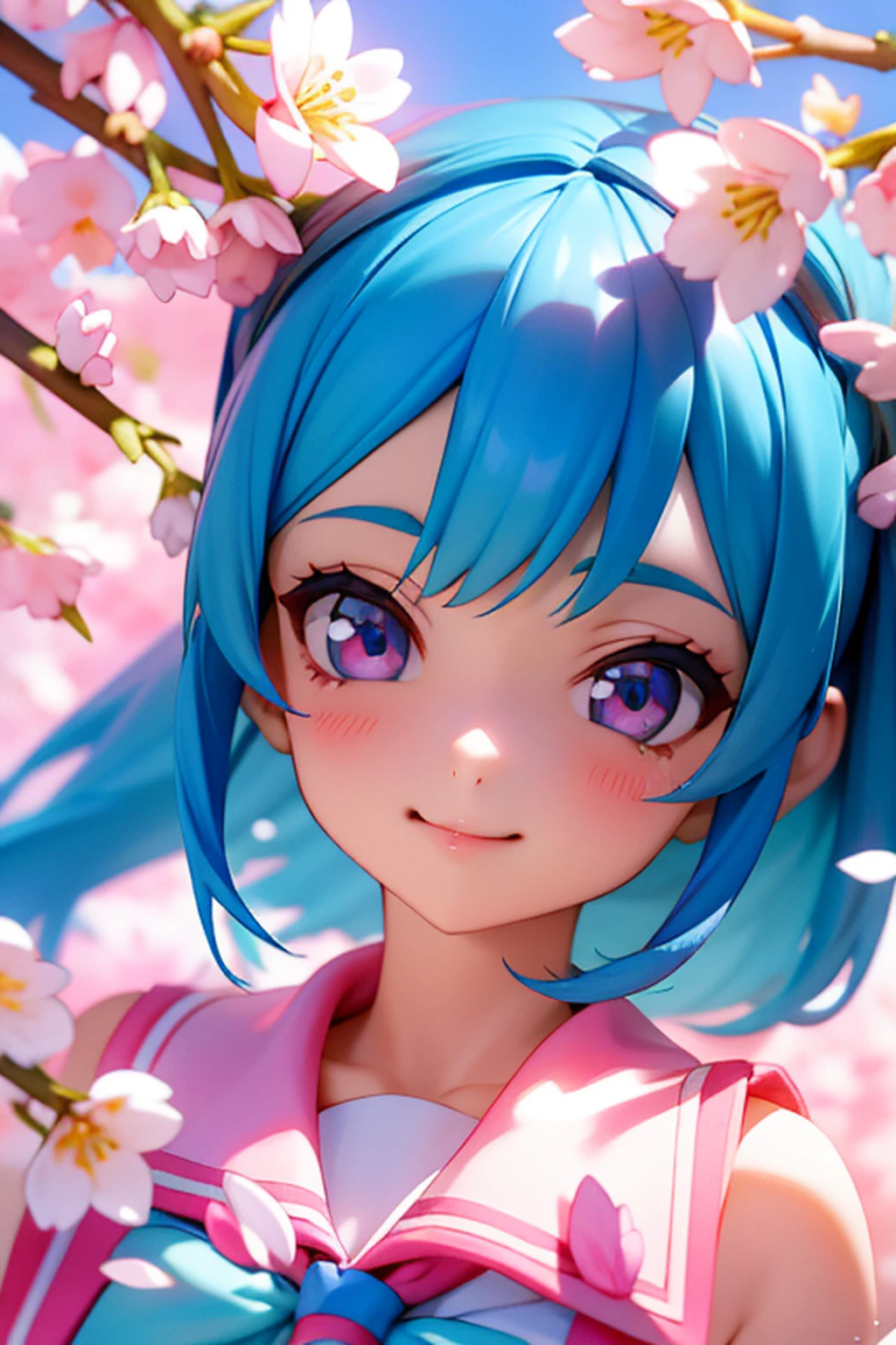 Blue-haired girl,16 yaers old,largeeyes,ssmile,Front close-up,Pink cherry blossom pattern JK school uniform,anime,style,2d,