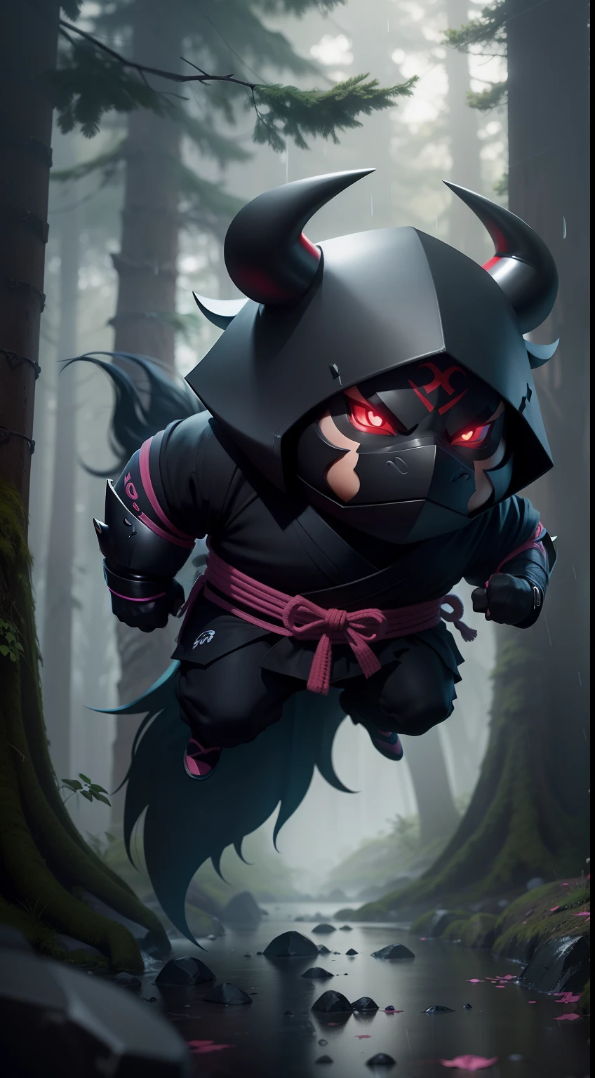 Create a vibrant dark fantasy cute ninja bull in a clean-lined minimalistic cartoon style, in the background a beautiful forest, rain, octane render, 8k