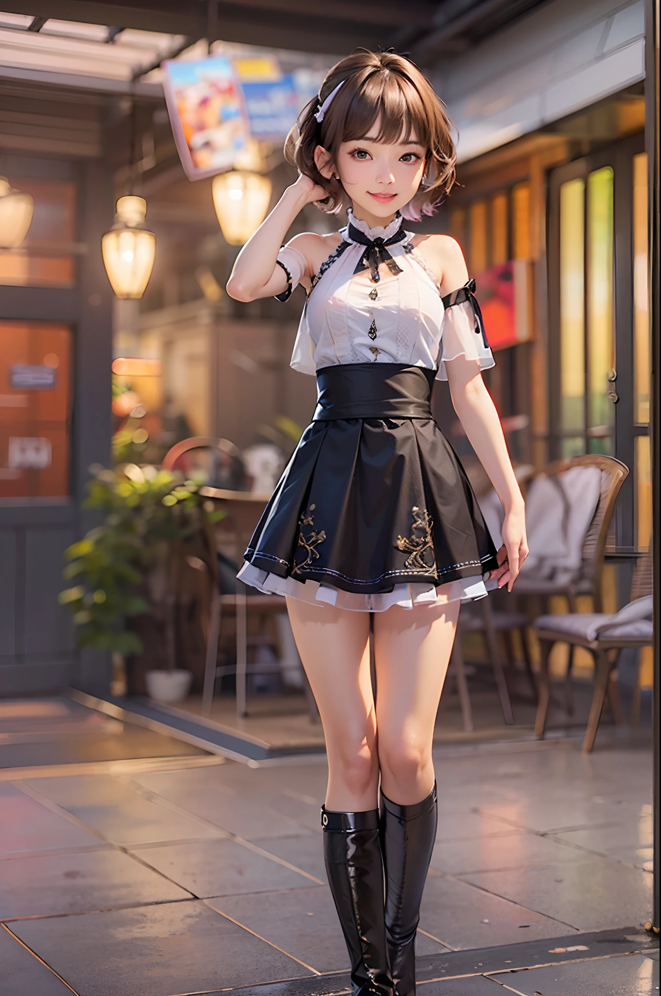 (RAW photo:1.2), (photorealistic:1.4),(masterpiece:1.3),(best quality:1.4),ultra high res,(detailed eyes),(detailed facial features),(detailed clothes features),HDR,8k resolution, solo focus, bangs, skin tight, (shiny skin),(slender girl),dreamlike, (extreme detailed illustration),check commentary,commentary request,scenery,no text, VirtualGirl-Rin, small breasts, bob hair, short hair, brown hair, brown eyes, 1girl, full body, White super tight mini dress, happy,smile