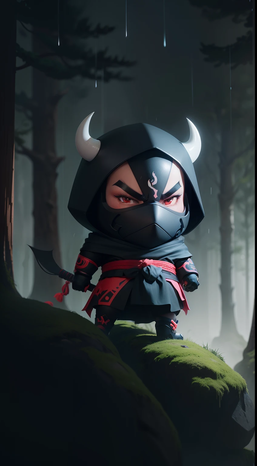 Create a vibrant dark fantasy cute ninja bull in a clean-lined minimalistic cartoon style, in the background a beautiful forest, rain, octane render, 8k